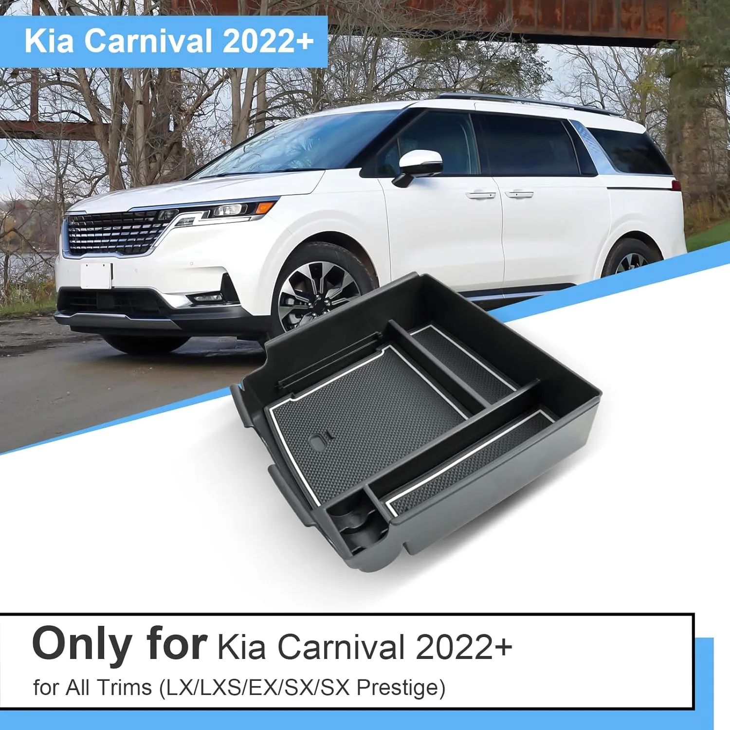 2022-2024 2025 Carnival Center Console Organizer for Kia Carnival (EX/SX/SX Prestige/LX/LXS),Durable ABS Plastic &Anti-Slip Rubber 2024 Carnival Console Tray 2025 Carnival Accessories (White)