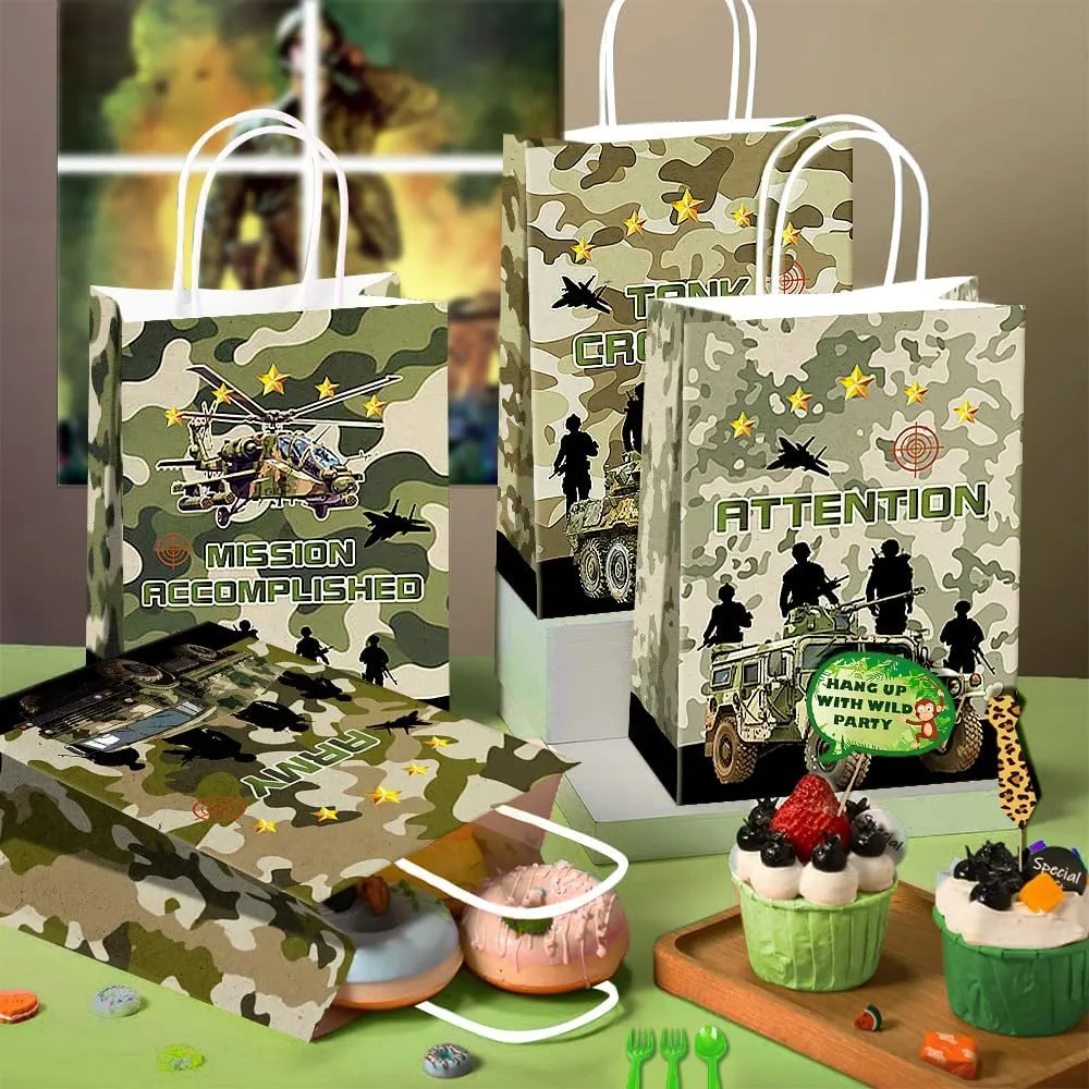 24 Pcs Camo Party Favor Bags With Handles - Camouflage Goodie Gift for Kids, Army Theme Candy, Kraft Paper for Birthday Party Supplies and Baby Shower Decorations
