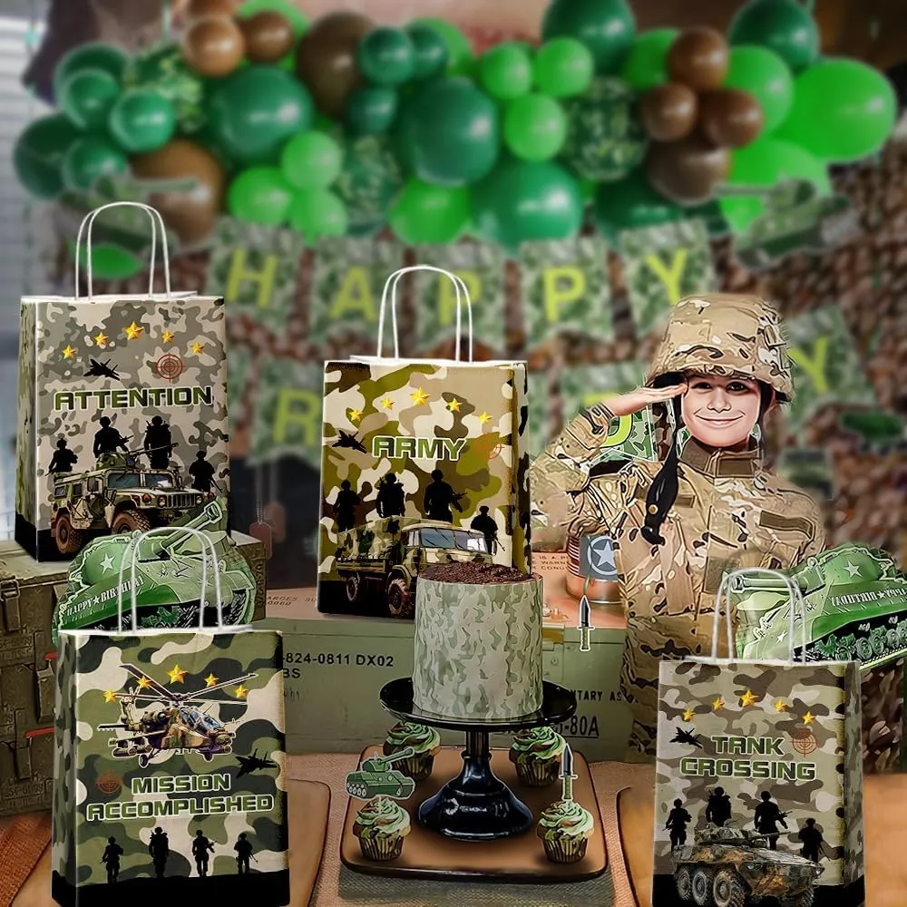 24 Pcs Camo Party Favor Bags With Handles - Camouflage Goodie Gift for Kids, Army Theme Candy, Kraft Paper for Birthday Party Supplies and Baby Shower Decorations
