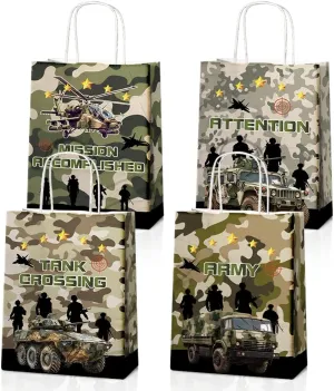 24 Pcs Camo Party Favor Bags With Handles - Camouflage Goodie Gift for Kids, Army Theme Candy, Kraft Paper for Birthday Party Supplies and Baby Shower Decorations