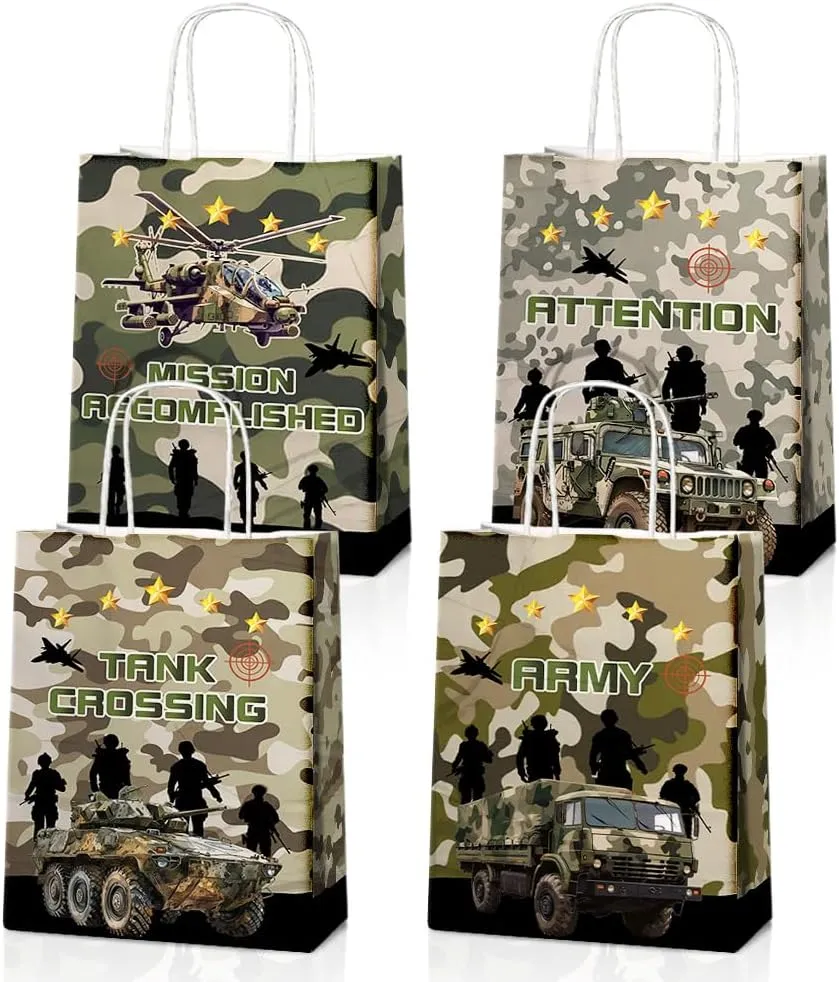24 Pcs Camo Party Favor Bags With Handles - Camouflage Goodie Gift for Kids, Army Theme Candy, Kraft Paper for Birthday Party Supplies and Baby Shower Decorations