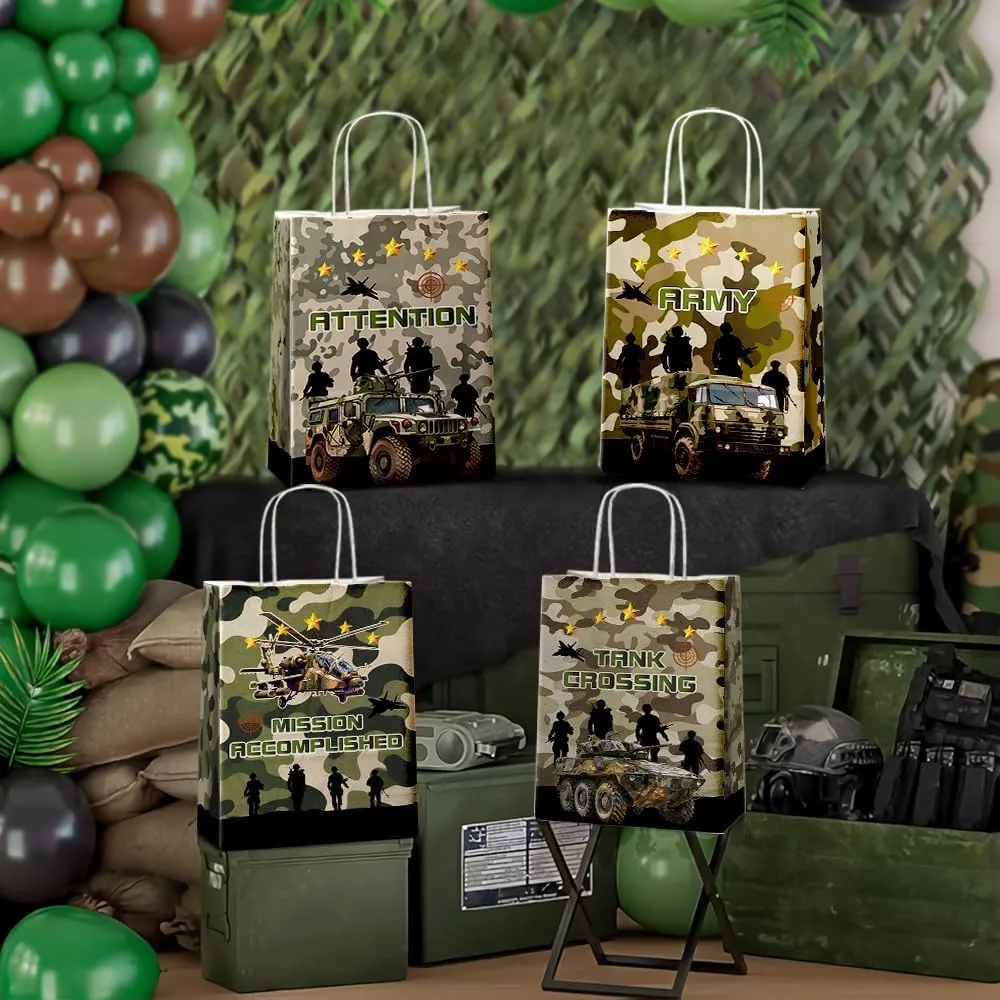 24 Pcs Camo Party Favor Bags With Handles - Camouflage Goodie Gift for Kids, Army Theme Candy, Kraft Paper for Birthday Party Supplies and Baby Shower Decorations
