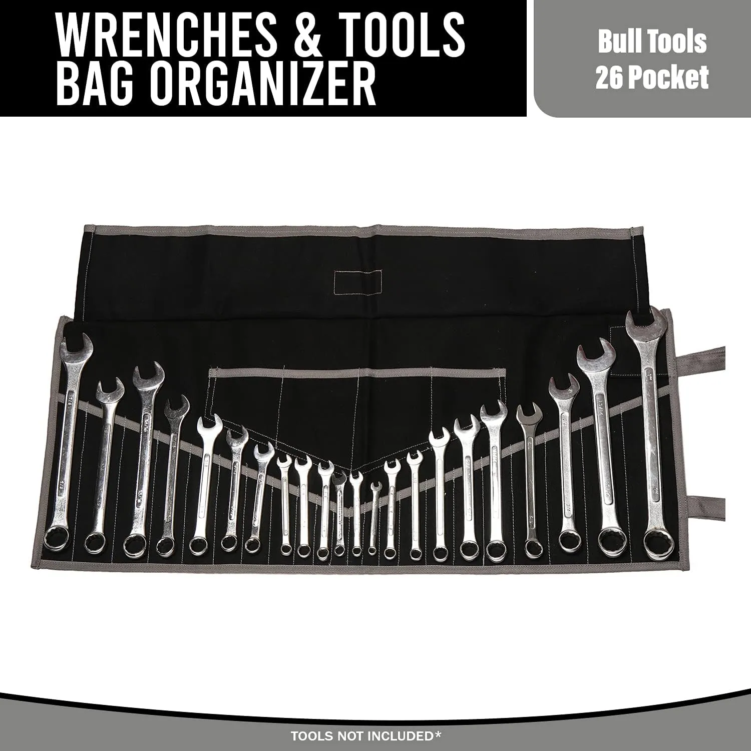 26 Pocket Wrench Roll-Up Pouch Organizer - SAE & Metric Tool Bag - Waterproof Canvas - Heavy-Duty Handcrafted Storage for Mechanics & DIYers - Portable Tool Wrap - Blck (Tools Not Included)