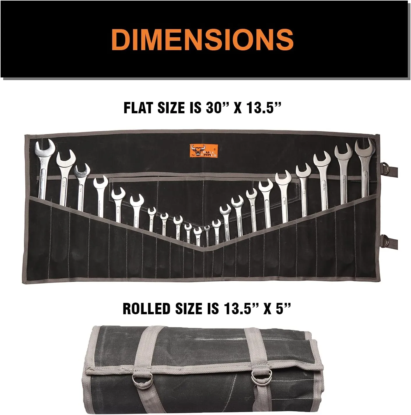 26 Pocket Wrench Roll Up Pouch Organizer Waxed Canvas Tool Bag for Metric & Standard Wrenches Durable Roll-Up Tool Organizer for Mechanics - Coal Black (Tools Not Included)