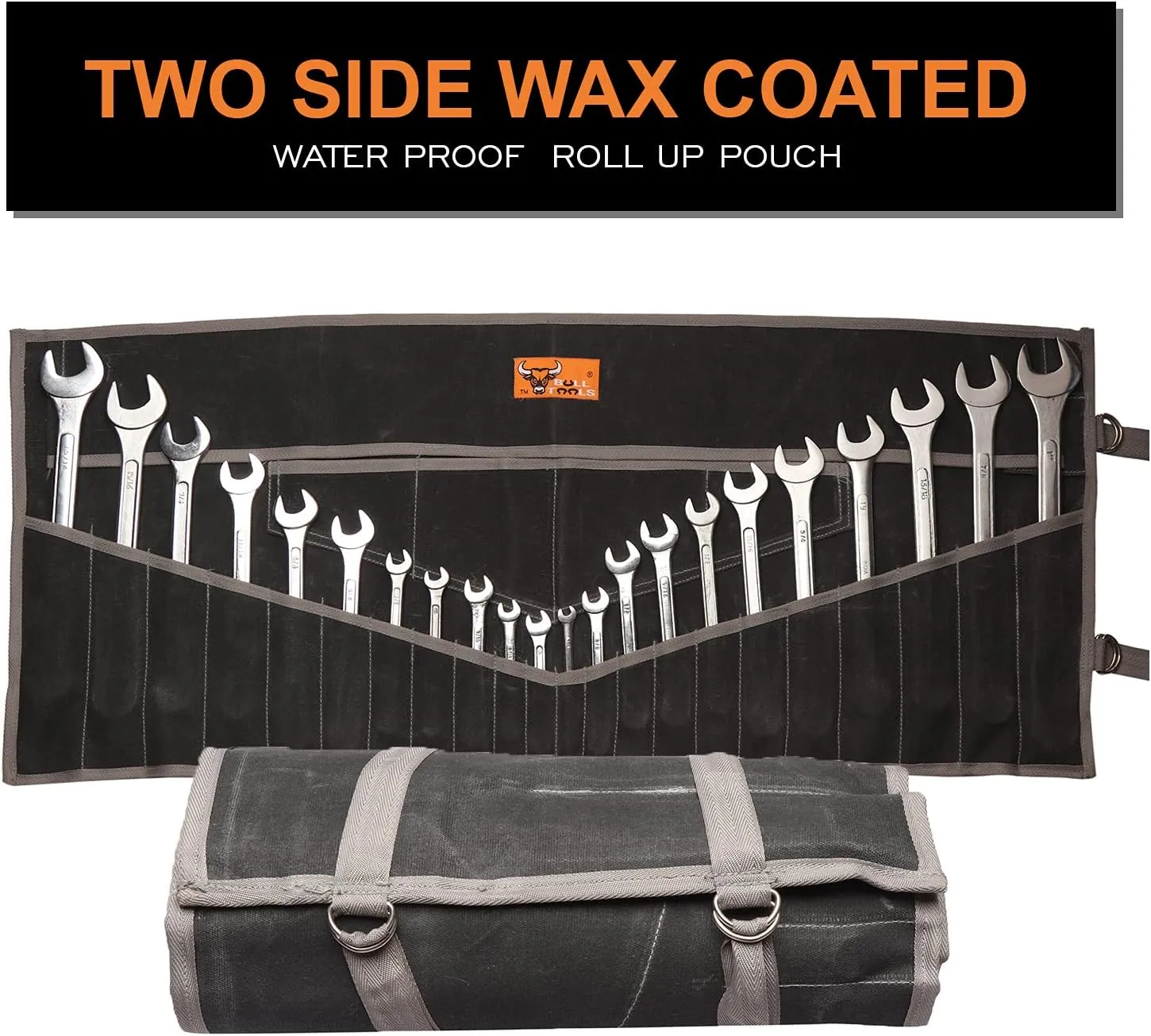 26 Pocket Wrench Roll Up Pouch Organizer Waxed Canvas Tool Bag for Metric & Standard Wrenches Durable Roll-Up Tool Organizer for Mechanics - Coal Black (Tools Not Included)