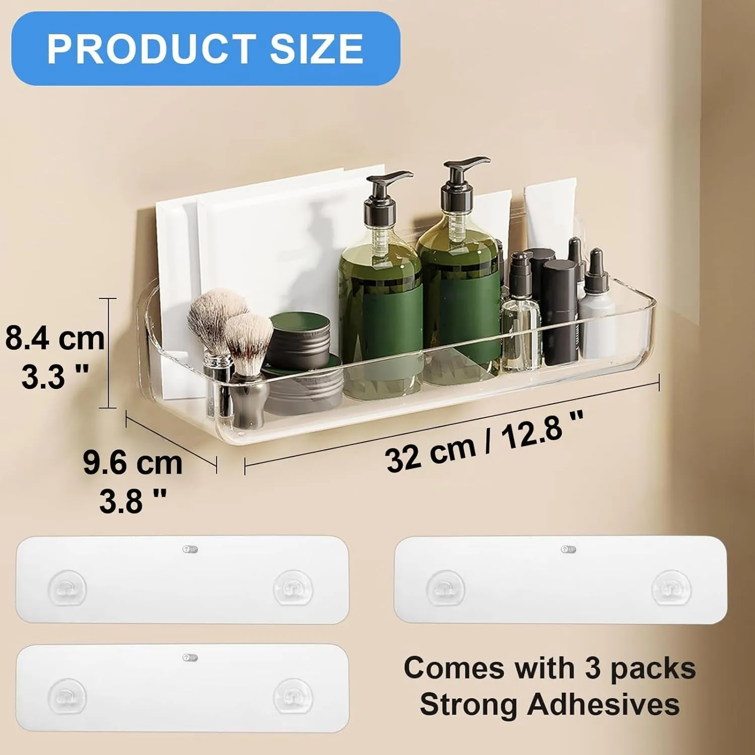 2pc Acrylic Wall Mount Organizer, Adhesive Shelf, Bathroom Shelves for Wall, Self Adhesive Organizer, Shower Caddies, No Drilling Hang Wall,with 3pack Tapes, for Bathroom, Kitchen, Living Room