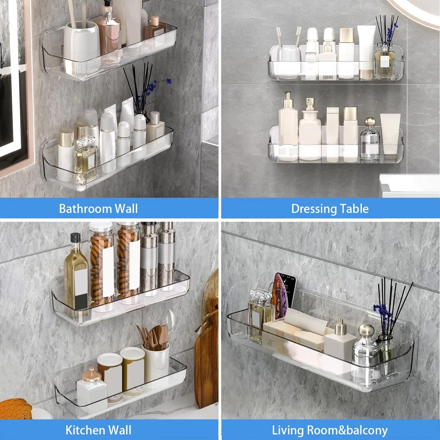 2pc Acrylic Wall Mount Organizer, Adhesive Shelf, Bathroom Shelves for Wall, Self Adhesive Organizer, Shower Caddies, No Drilling Hang Wall,with 3pack Tapes, for Bathroom, Kitchen, Living Room
