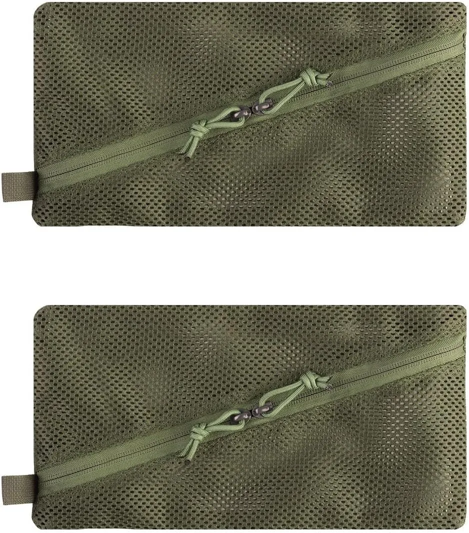 2PC Tactical Carry On Zipper Mesh Pouch, Insert Organizer Utility Admin Pouch Travel Organizer EDC Bag Toiletry Kit Set Storage Case 12X6 inch (Green)