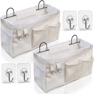 2pcs Large Wall Hanging Organizer Bag, Linen Fabric Door Hanging Storage Baskets with Pockets, Waterproof Bin for Kitchen, Bedroom, Office, RV Camper (White)