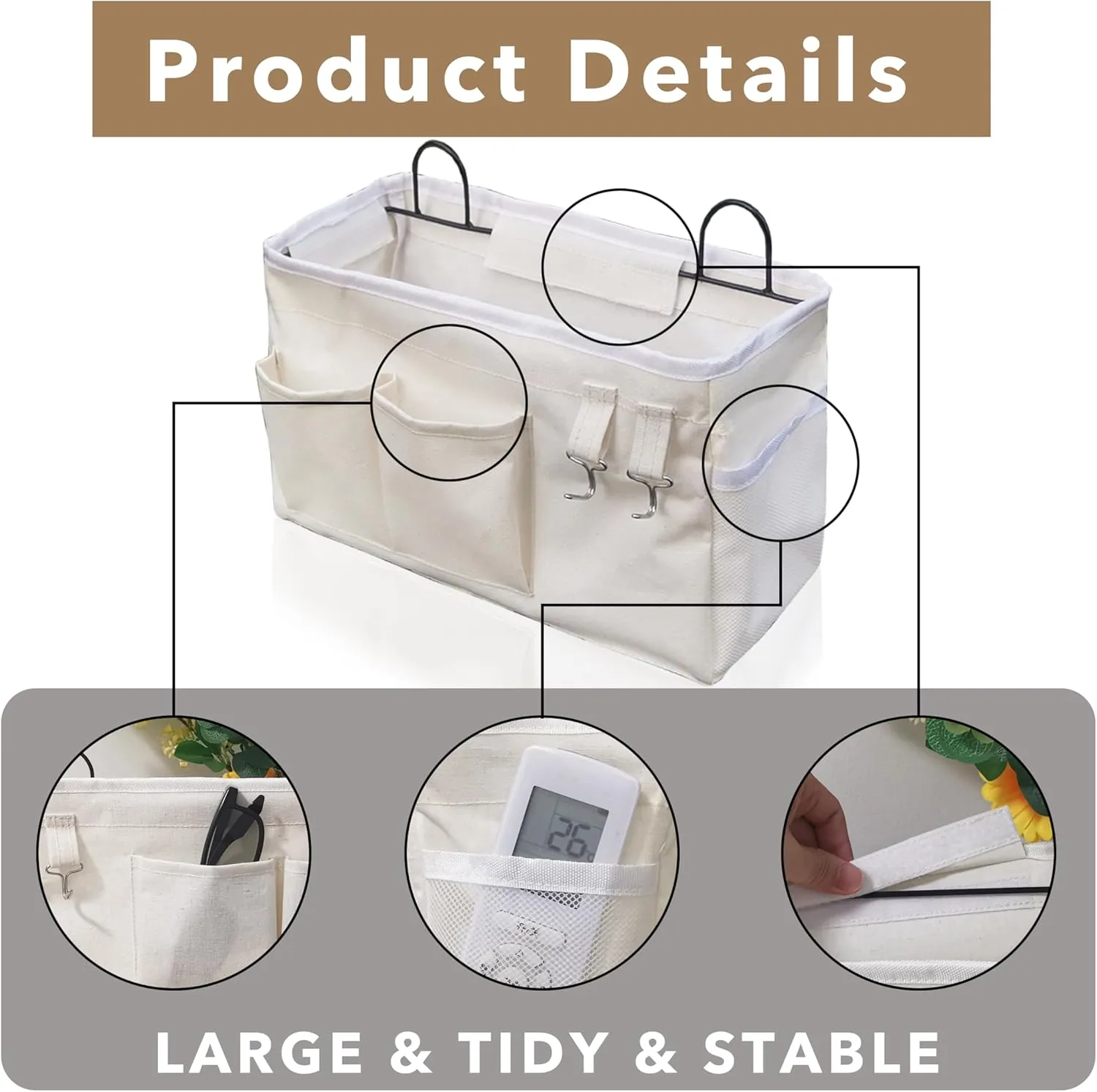 2pcs Large Wall Hanging Organizer Bag, Linen Fabric Door Hanging Storage Baskets with Pockets, Waterproof Bin for Kitchen, Bedroom, Office, RV Camper (White)