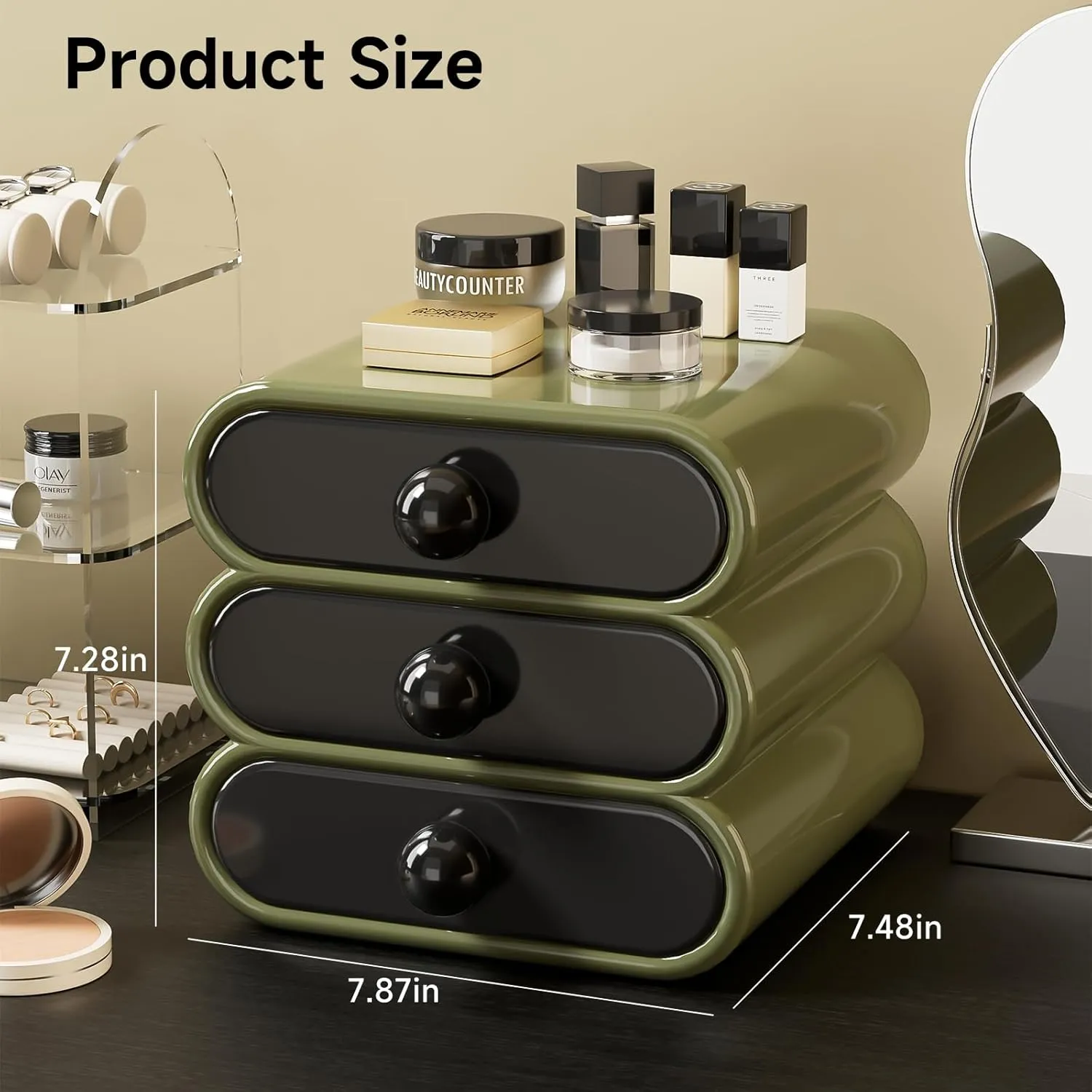 3-Drawer Storage Organizer, Compact Vanity Drawer Organizer Set for Makeup, Small Plastic Storage Box for Bathroom, Dorm, Desk, Office, 7.87"X7.48"X7.28"