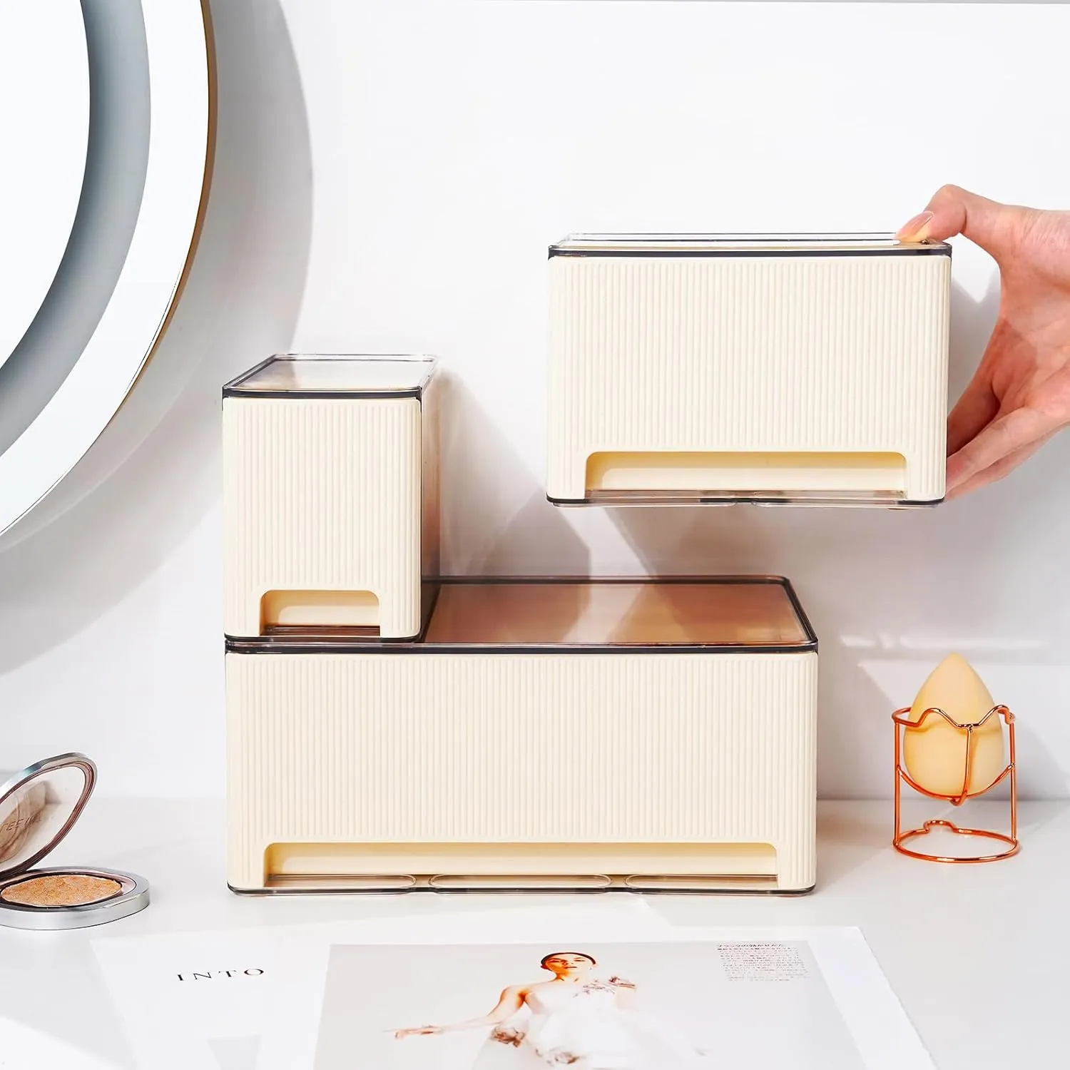 3 Pack Stackable Storage Drawers, Bathroom Makeup Organizer with Pull-out Handle, Plastic Storage Bins for Vanity Countertop, Kitchen, Undersink, Pantry, Desk Organization, Cream