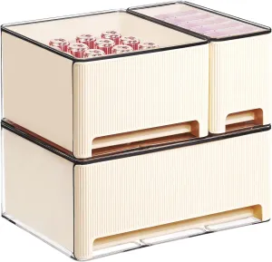 3 Pack Stackable Storage Drawers, Bathroom Makeup Organizer with Pull-out Handle, Plastic Storage Bins for Vanity Countertop, Kitchen, Undersink, Pantry, Desk Organization, Cream