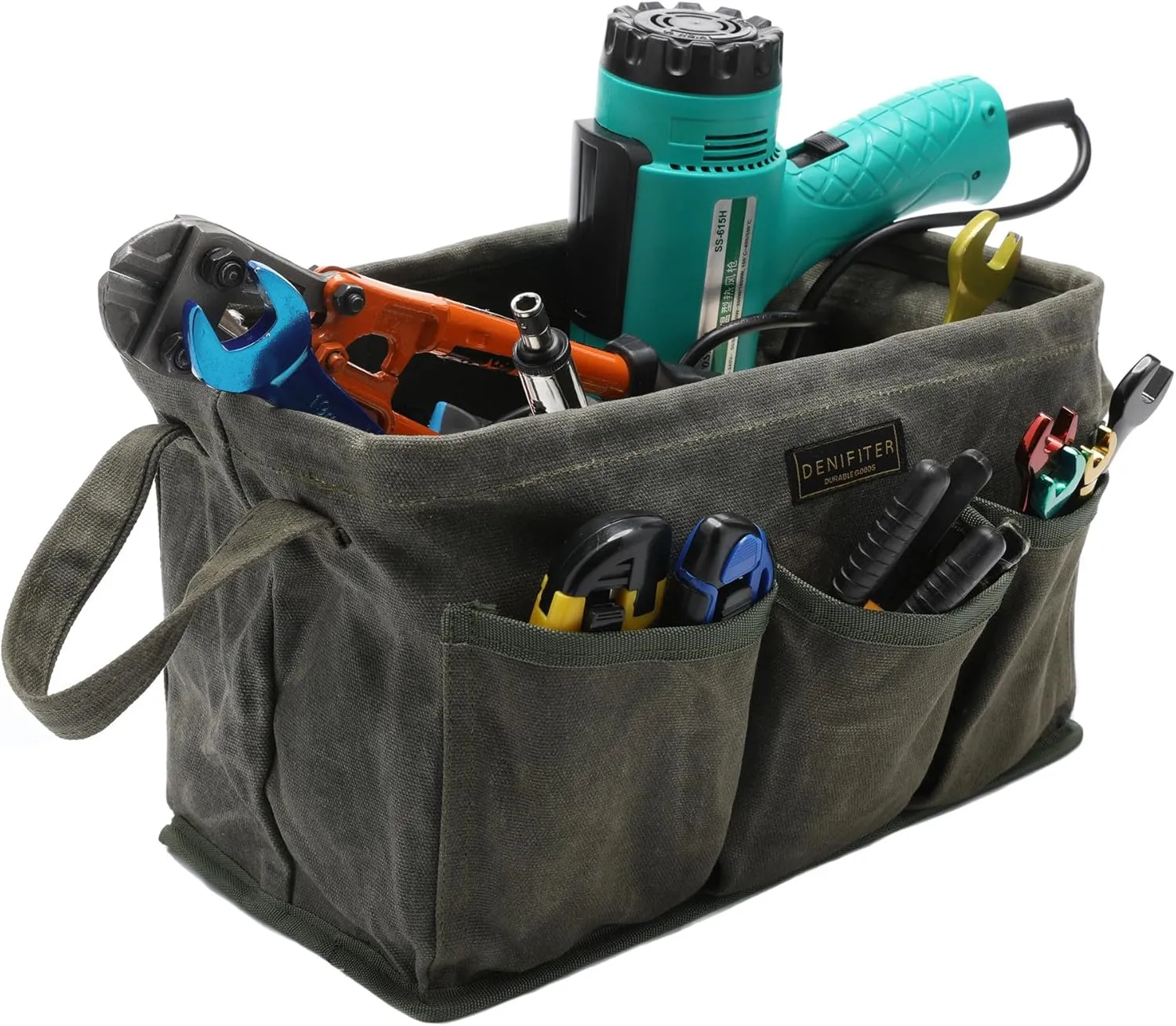 3-Pack Waxed Canvas Tool Bag Set, 13.8 x 7.8 x 7.8 Inches, Rectangular Waxed Canvas Fabric Collapsible Tool Bag with Handles, 3 Colors: Khaki, Black and ArmyGreen