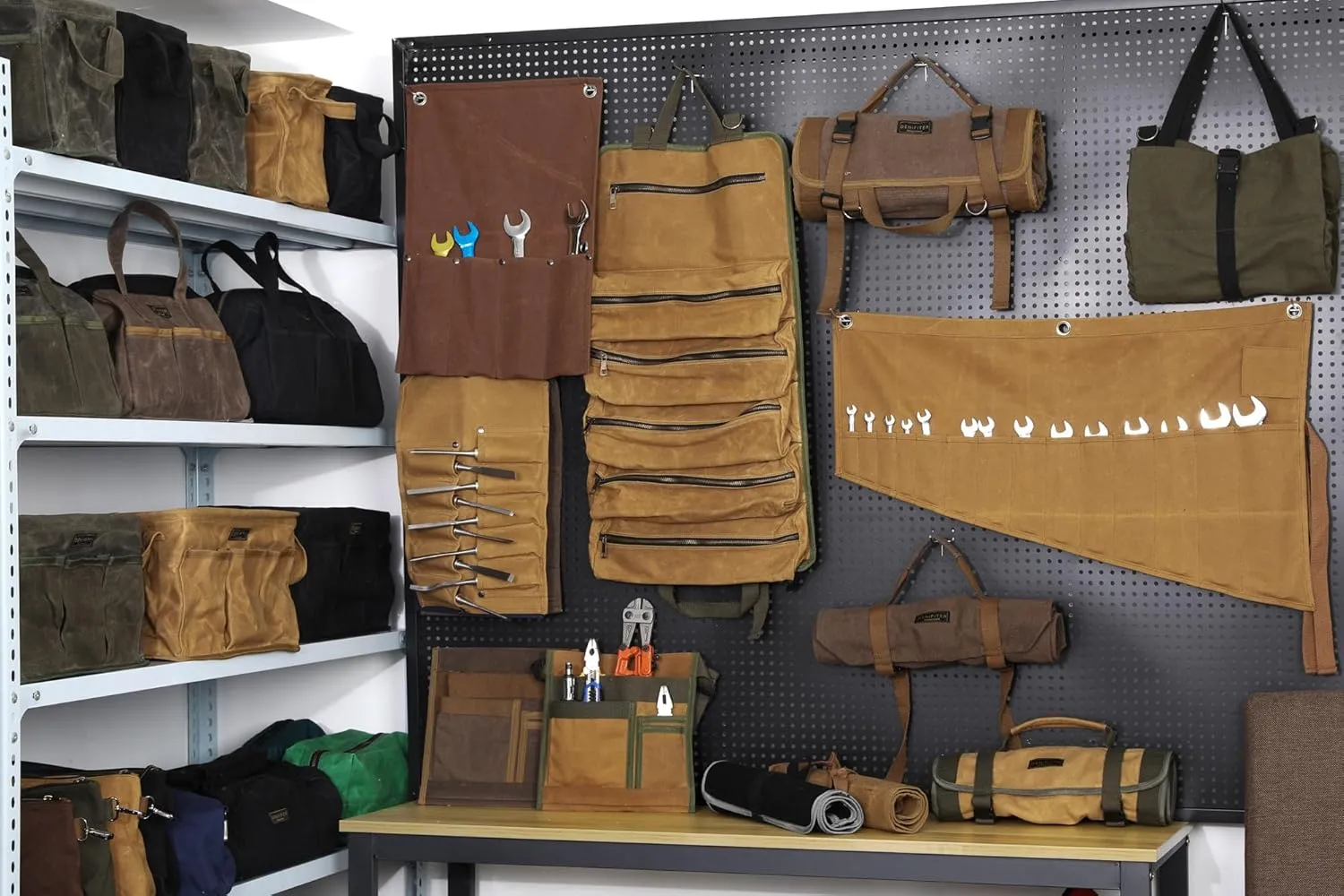 3-Pack Waxed Canvas Tool Bag Set, 13.8 x 7.8 x 7.8 Inches, Rectangular Waxed Canvas Fabric Collapsible Tool Bag with Handles, 3 Colors: Khaki, Black and ArmyGreen