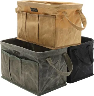 3-Pack Waxed Canvas Tool Bag Set, 13.8 x 7.8 x 7.8 Inches, Rectangular Waxed Canvas Fabric Collapsible Tool Bag with Handles, 3 Colors: Khaki, Black and ArmyGreen