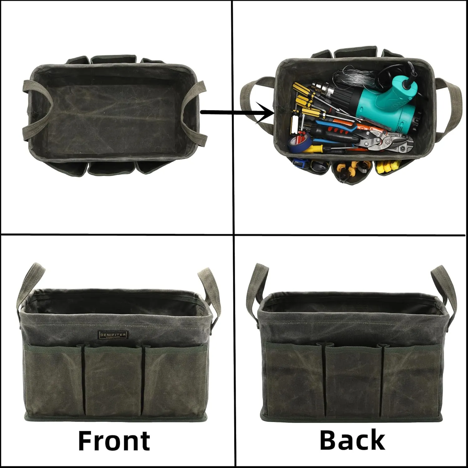 3-Pack Waxed Canvas Tool Bag Set, 13.8 x 7.8 x 7.8 Inches, Rectangular Waxed Canvas Fabric Collapsible Tool Bag with Handles, 3 Colors: Khaki, Black and ArmyGreen