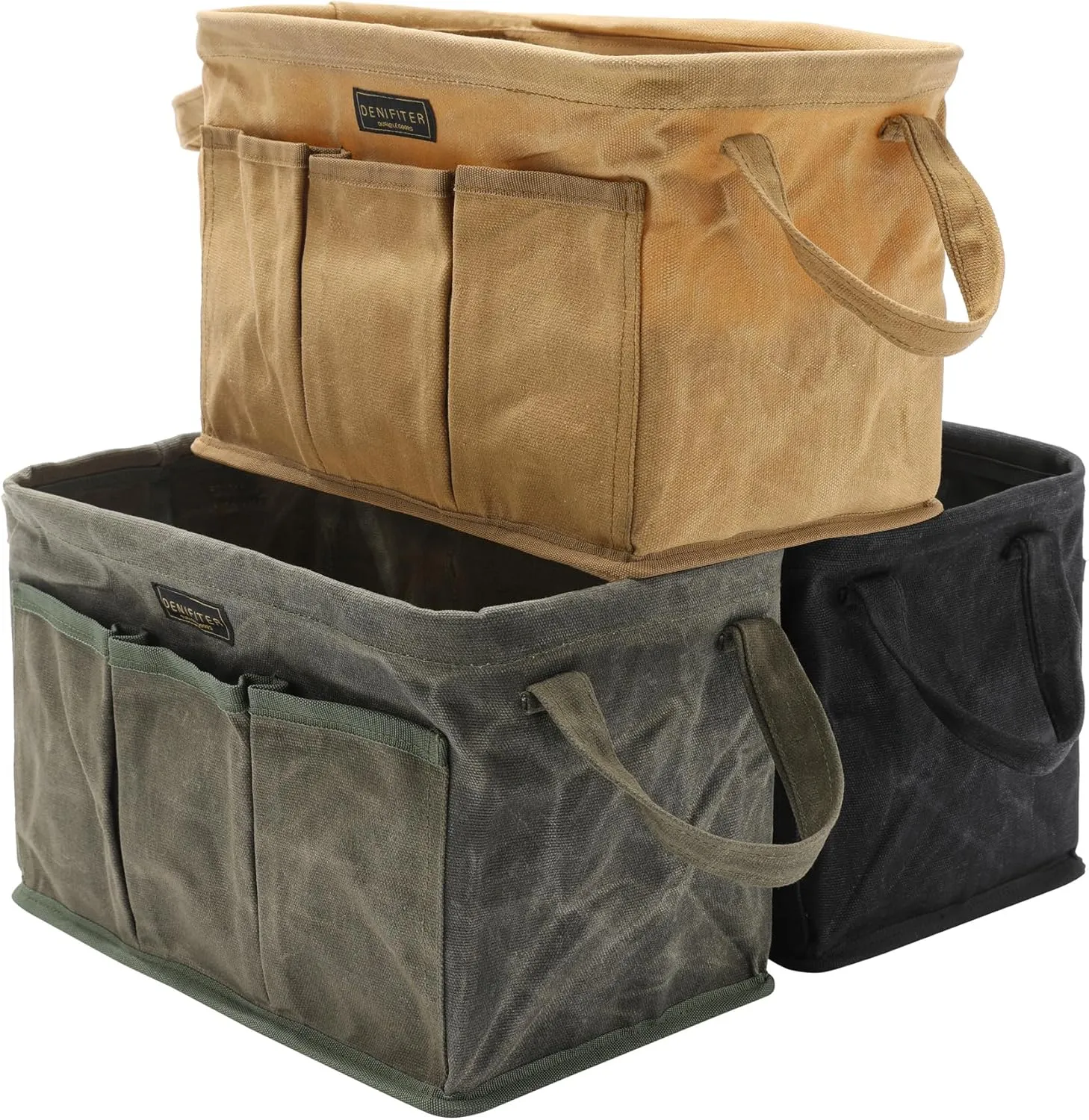 3-Pack Waxed Canvas Tool Bag Set, 13.8 x 7.8 x 7.8 Inches, Rectangular Waxed Canvas Fabric Collapsible Tool Bag with Handles, 3 Colors: Khaki, Black and ArmyGreen