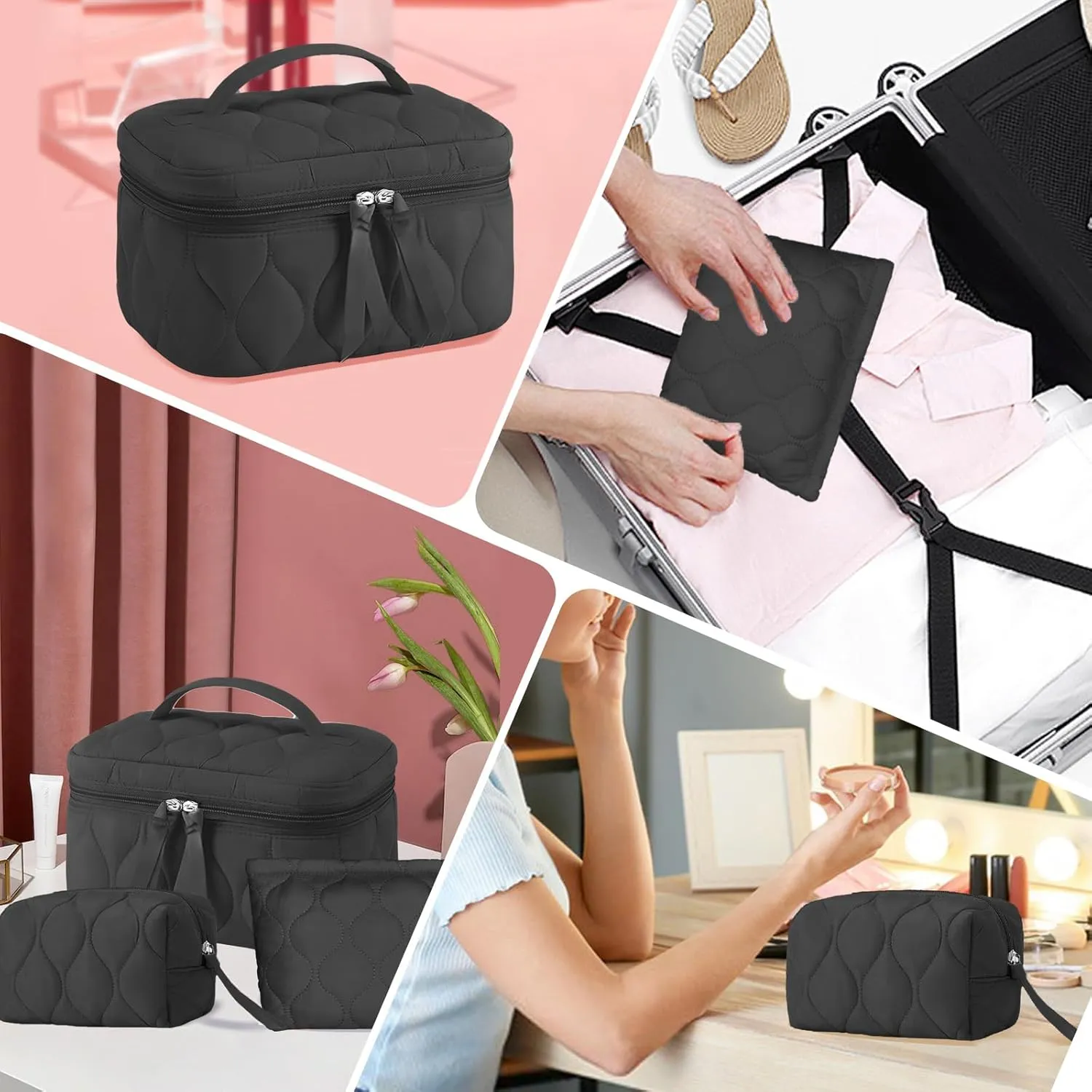 3 PCS Quilted Makeup Bag Set Coquette Cosmetic Bag Toiletry Travel Organizer, Small Medium Large, Cute Portable Puffy for Women Girls, Black