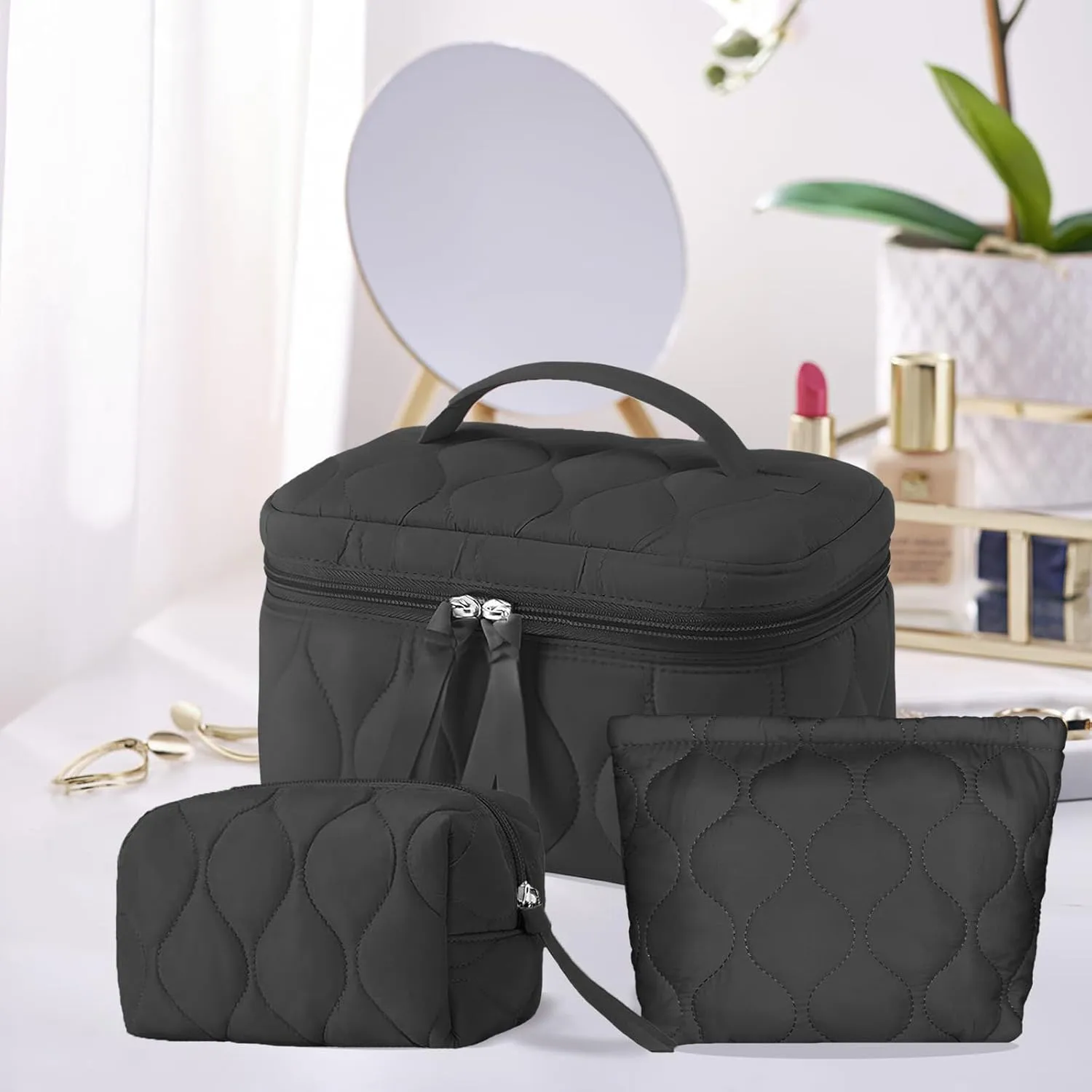 3 PCS Quilted Makeup Bag Set Coquette Cosmetic Bag Toiletry Travel Organizer, Small Medium Large, Cute Portable Puffy for Women Girls, Black