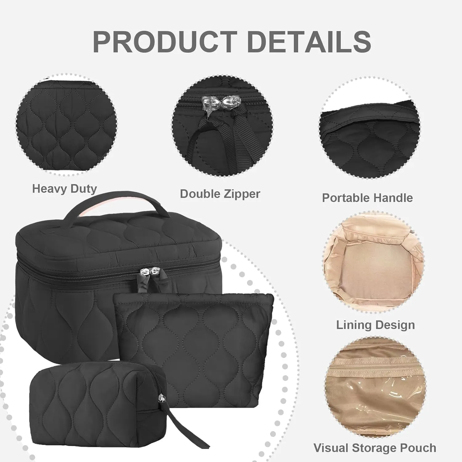 3 PCS Quilted Makeup Bag Set Coquette Cosmetic Bag Toiletry Travel Organizer, Small Medium Large, Cute Portable Puffy for Women Girls, Black