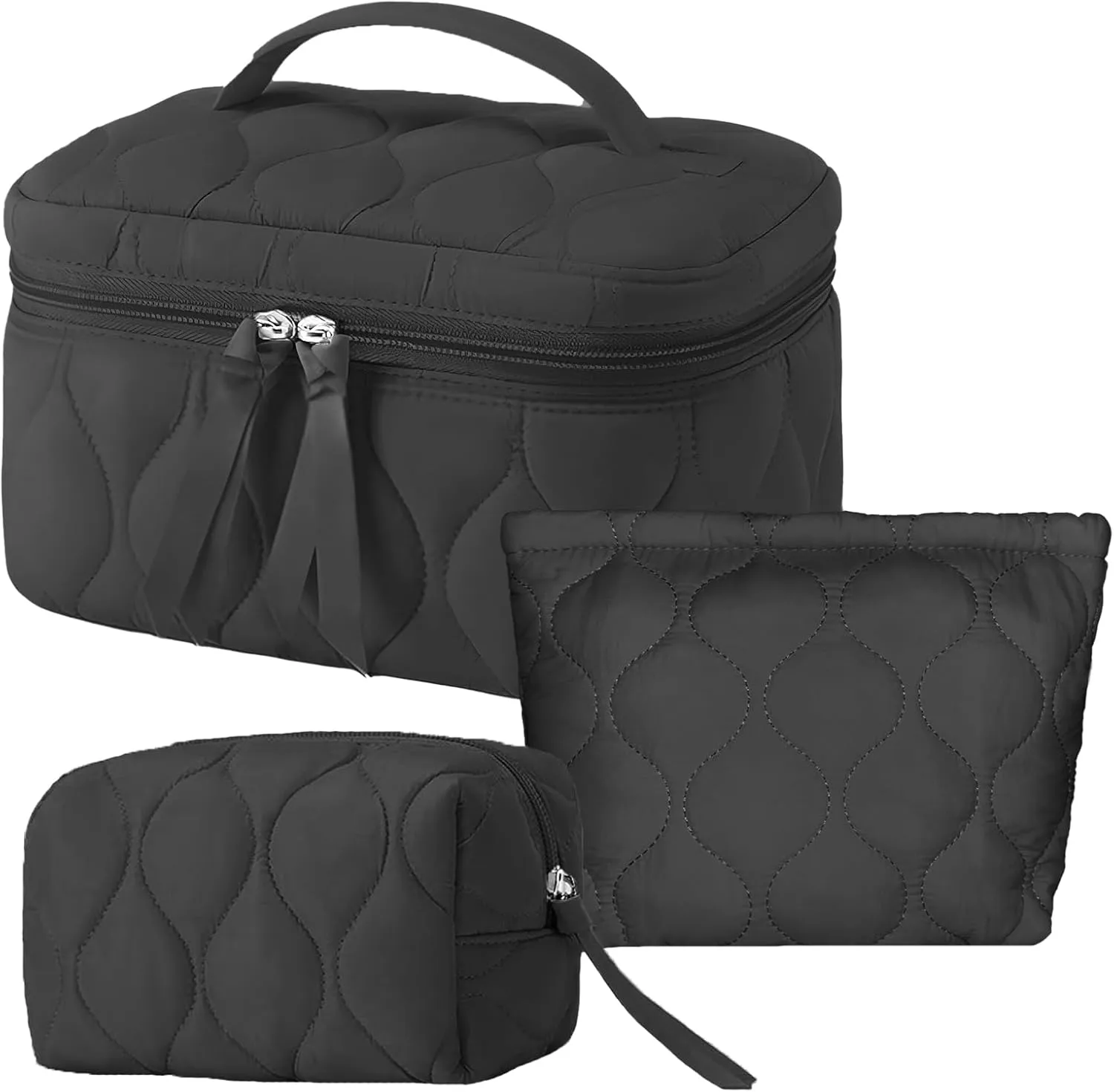 3 PCS Quilted Makeup Bag Set Coquette Cosmetic Bag Toiletry Travel Organizer, Small Medium Large, Cute Portable Puffy for Women Girls, Black