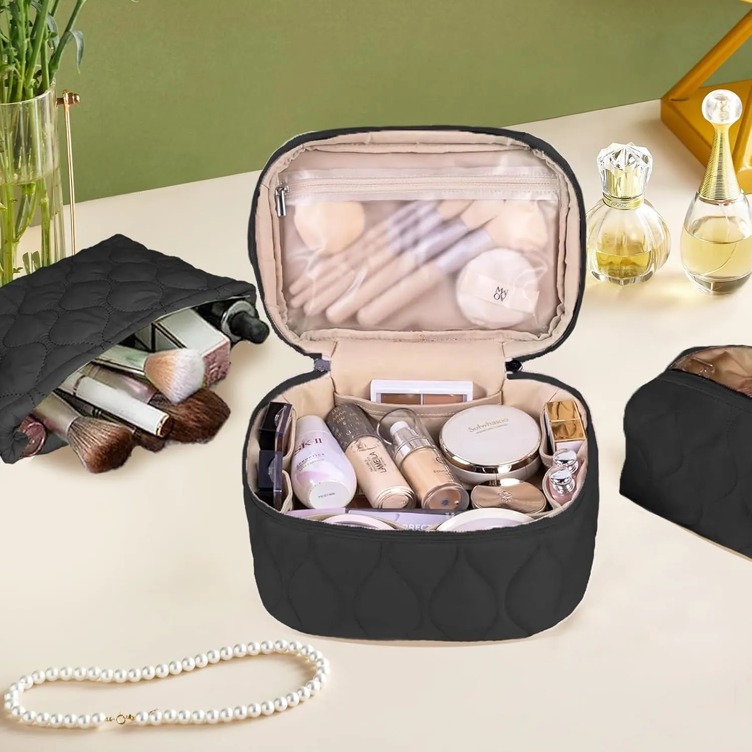 3 PCS Quilted Makeup Bag Set Coquette Cosmetic Bag Toiletry Travel Organizer, Small Medium Large, Cute Portable Puffy for Women Girls, Black