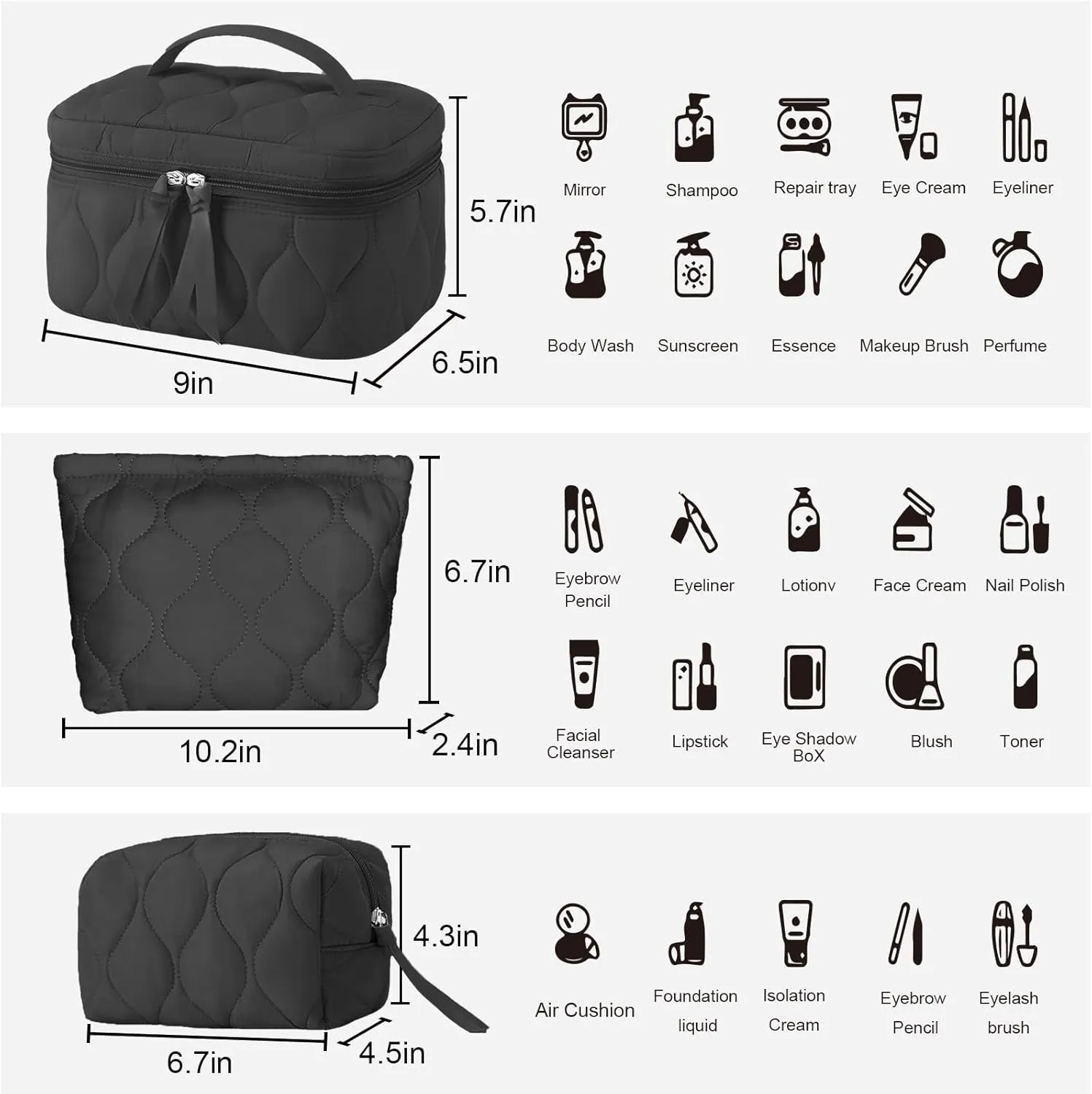 3 PCS Quilted Makeup Bag Set Coquette Cosmetic Bag Toiletry Travel Organizer, Small Medium Large, Cute Portable Puffy for Women Girls, Black