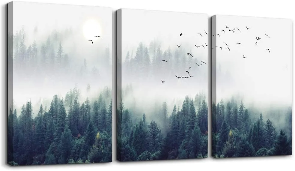 3 Piece Canvas Wall Art for Living Room - Misty Forests of Evergreen Coniferous Trees in an Ethereal Landscape - Modern Home Decor Stretched and Framed Ready to Hang - 16"x24"x3 Panels wall decor