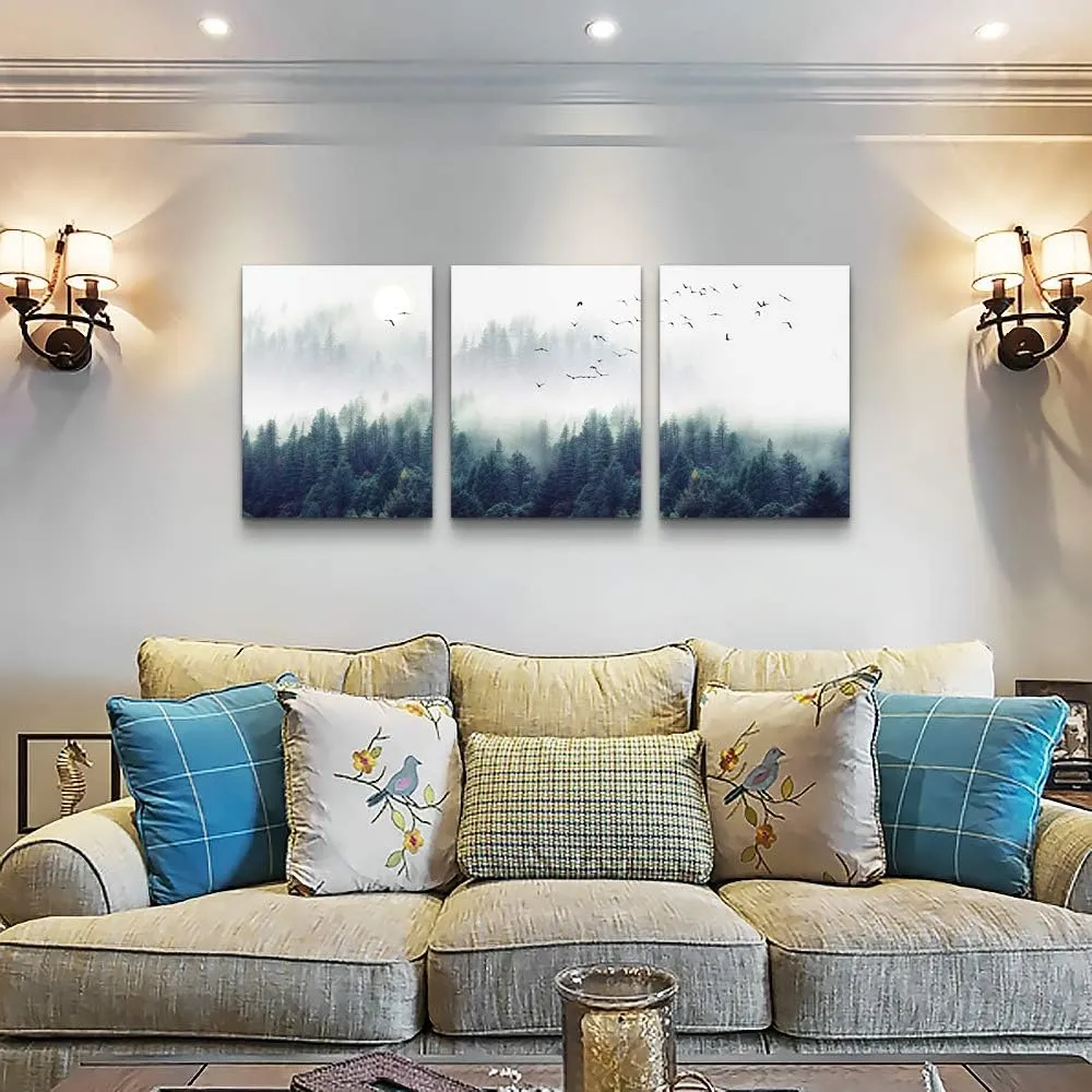 3 Piece Canvas Wall Art for Living Room - Misty Forests of Evergreen Coniferous Trees in an Ethereal Landscape - Modern Home Decor Stretched and Framed Ready to Hang - 16"x24"x3 Panels wall decor