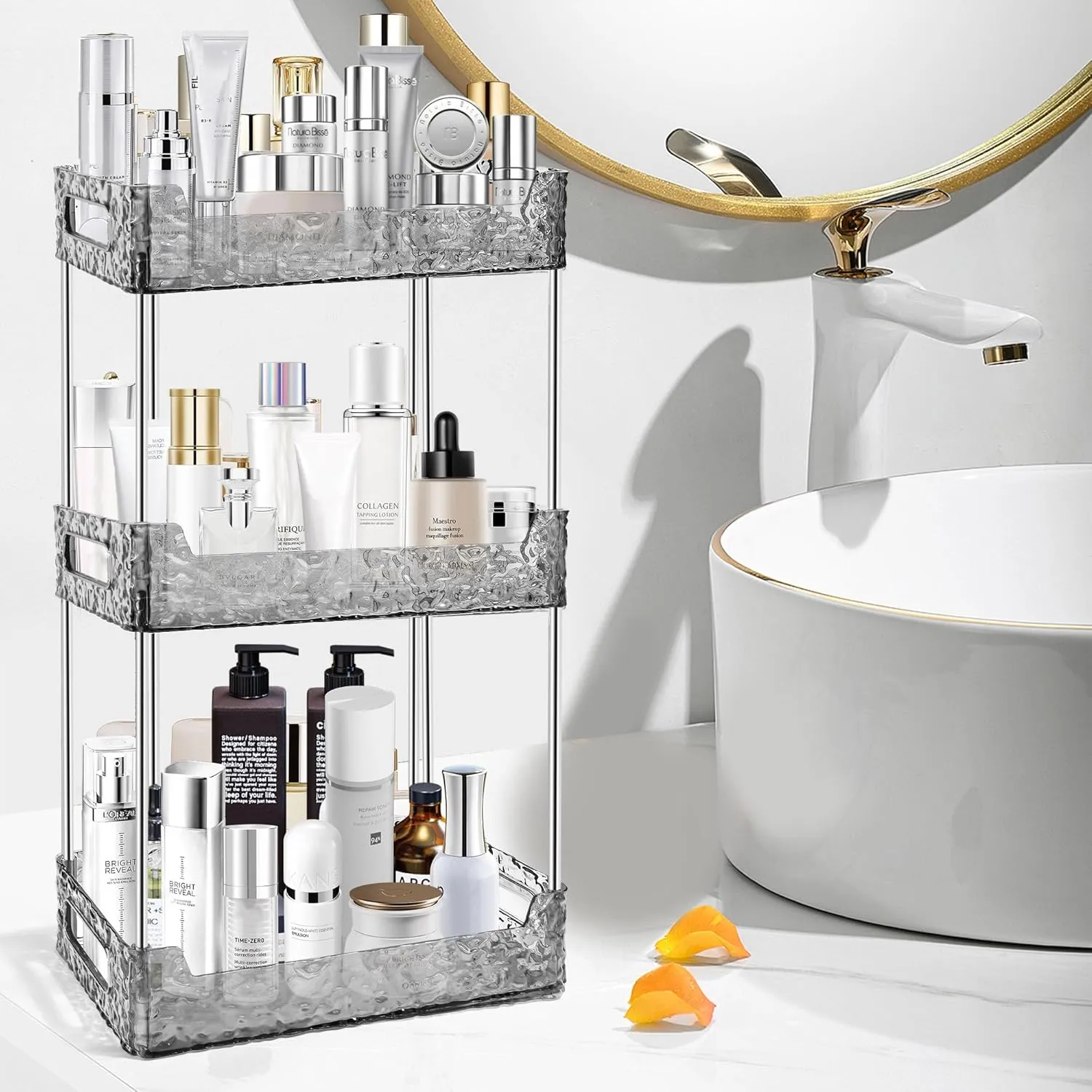 3-Tier Bathroom Counter Organizer Countertop Storage, Dresser Organizer Vanity Tray for Makeup, Perfume Organizer Cosmetics Skincare Shelf - Grey