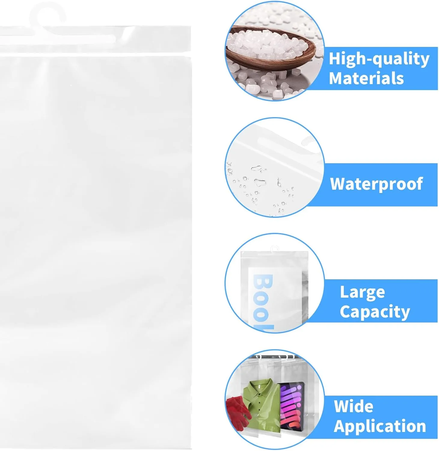 30 Pack Hanging Storage Bags, 10" X14.95" Large Hook Hang-Up Clear Plastic Bags for Classroom, Library, and Pharmacy Use