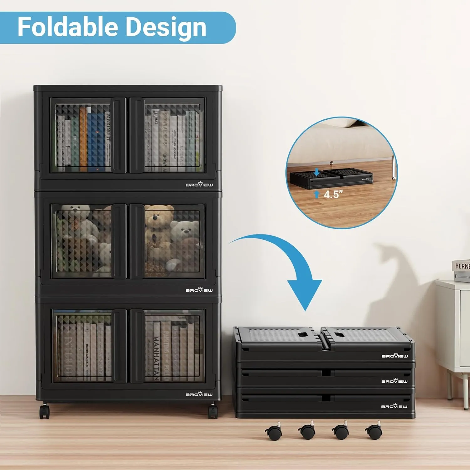 320Qt Storage Bins with Lids, 80Gal Plastic Stackable Collapsible Storage Bins with Doors Wheels, Closet Organizers and Storage, Foldable Box Cabinet for Home Office Garage, 4Pack Black Cube