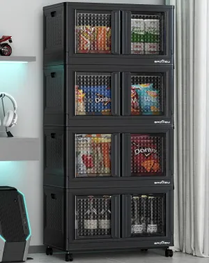 320Qt Storage Bins with Lids, 80Gal Plastic Stackable Collapsible Storage Bins with Doors Wheels, Closet Organizers and Storage, Foldable Box Cabinet for Home Office Garage, 4Pack Black Cube