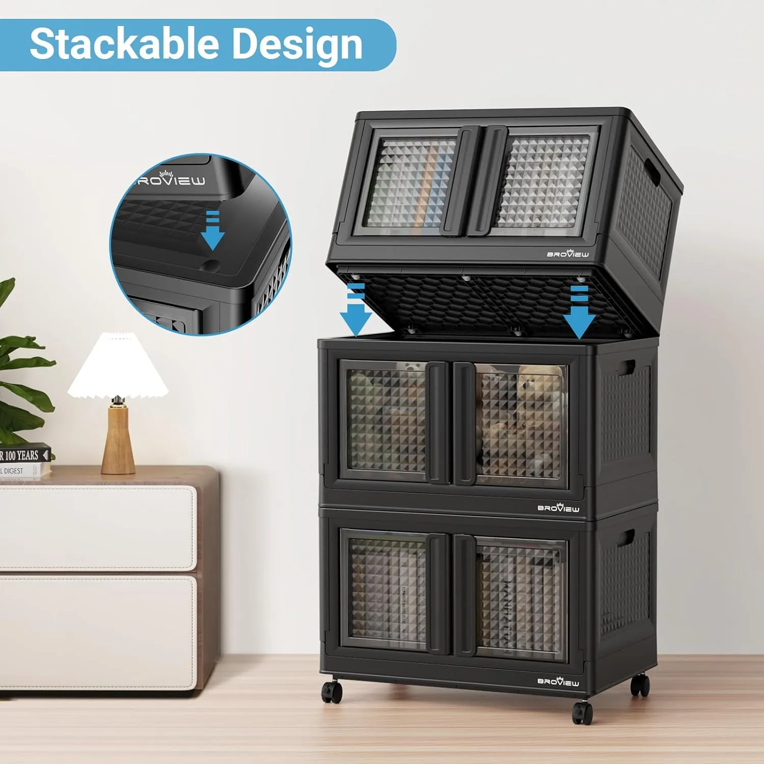 320Qt Storage Bins with Lids, 80Gal Plastic Stackable Collapsible Storage Bins with Doors Wheels, Closet Organizers and Storage, Foldable Box Cabinet for Home Office Garage, 4Pack Black Cube