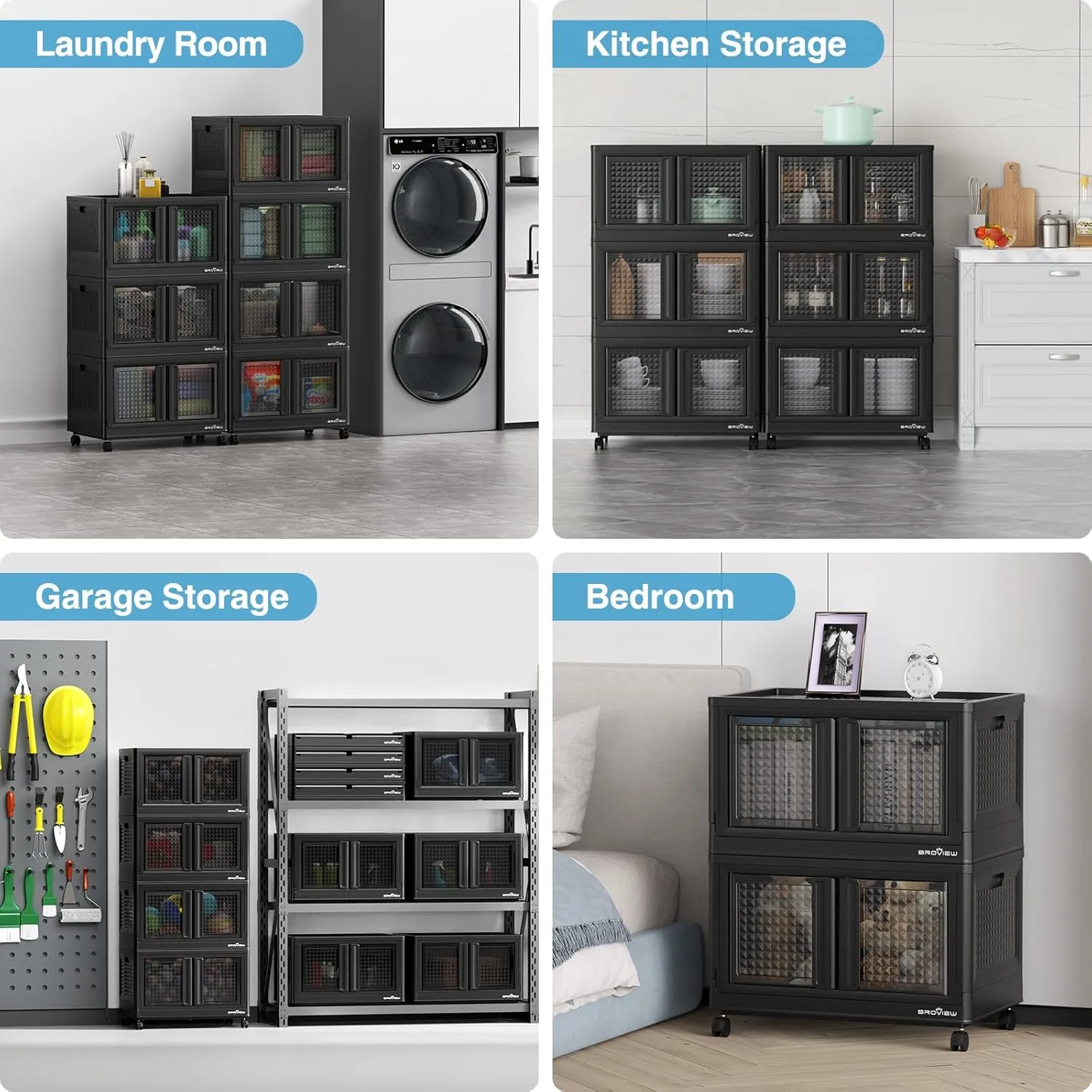 320Qt Storage Bins with Lids, 80Gal Plastic Stackable Collapsible Storage Bins with Doors Wheels, Closet Organizers and Storage, Foldable Box Cabinet for Home Office Garage, 4Pack Black Cube