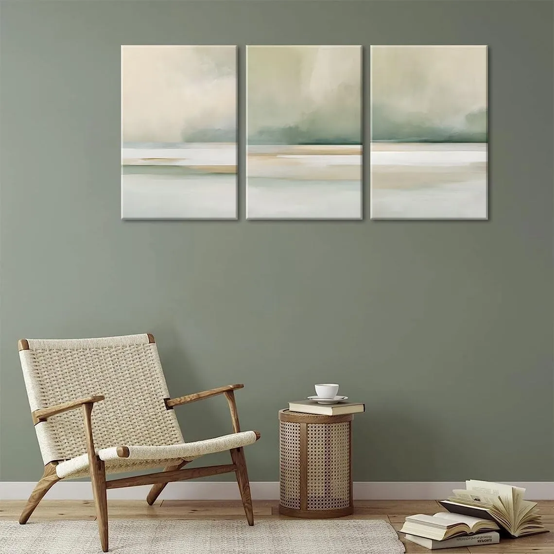 3Pcs Sage Green Canvas Wall Art Modern Neutral Abstract Wall Decor Pictures Minimalist Green Tan Posters Prints for Living Room Bedroom Home Decoration, 16x24in