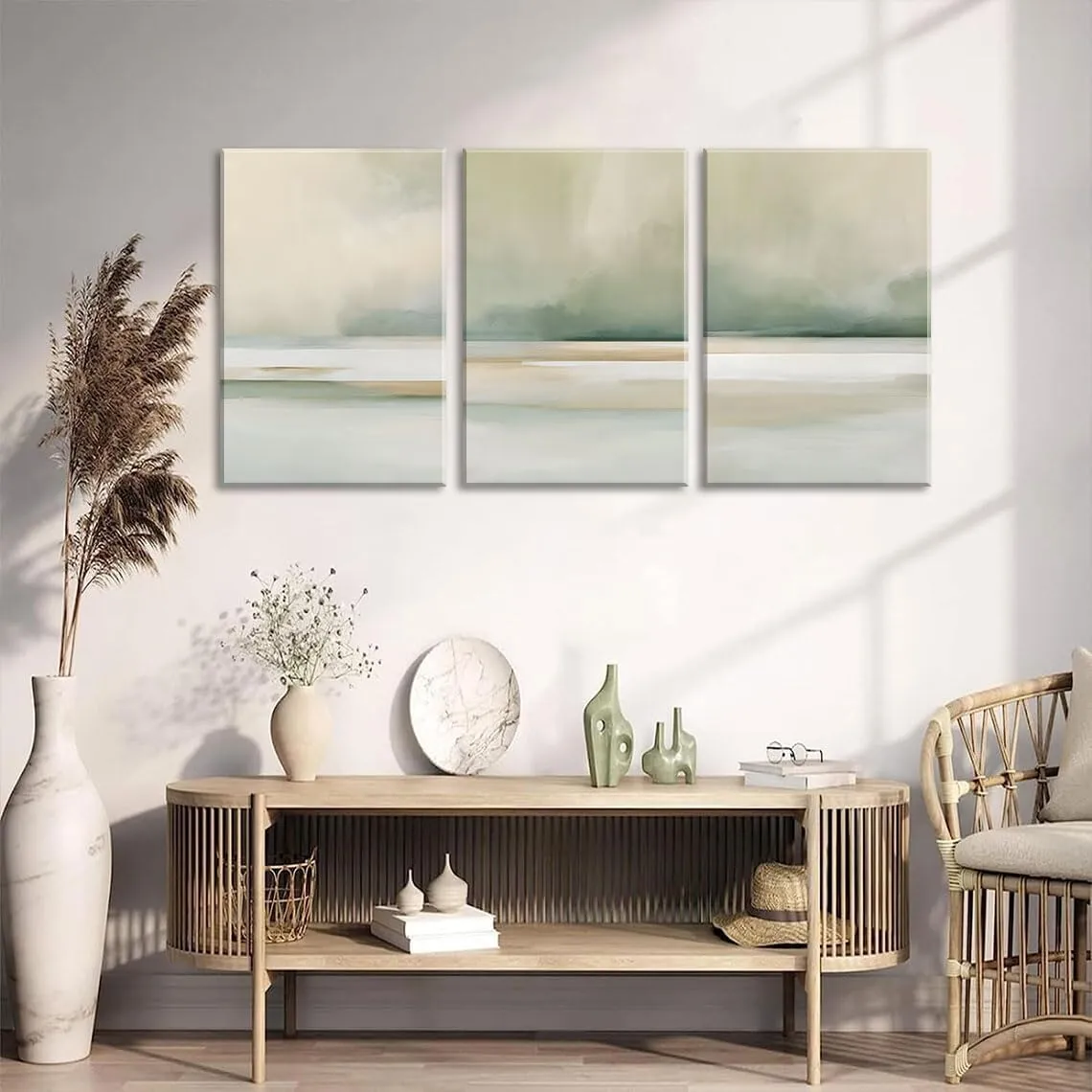 3Pcs Sage Green Canvas Wall Art Modern Neutral Abstract Wall Decor Pictures Minimalist Green Tan Posters Prints for Living Room Bedroom Home Decoration, 16x24in