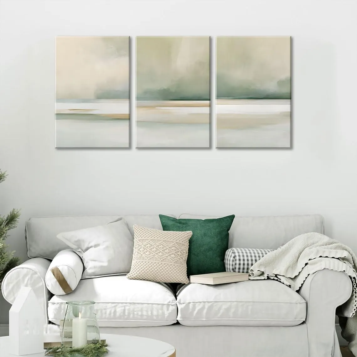3Pcs Sage Green Canvas Wall Art Modern Neutral Abstract Wall Decor Pictures Minimalist Green Tan Posters Prints for Living Room Bedroom Home Decoration, 16x24in