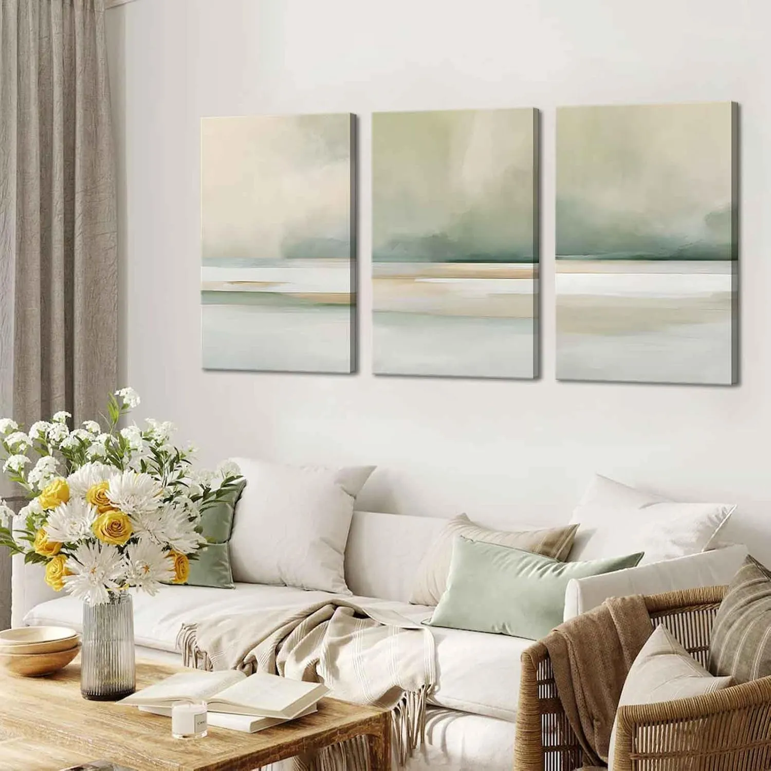3Pcs Sage Green Canvas Wall Art Modern Neutral Abstract Wall Decor Pictures Minimalist Green Tan Posters Prints for Living Room Bedroom Home Decoration, 16x24in