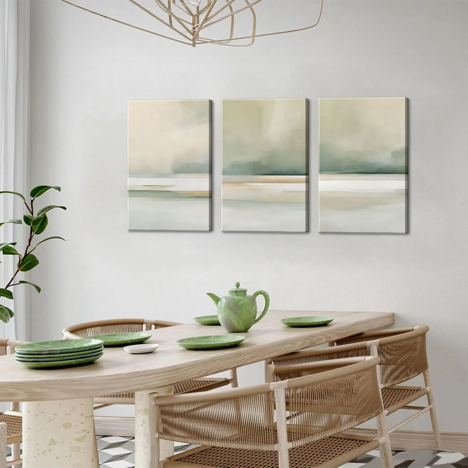 3Pcs Sage Green Canvas Wall Art Modern Neutral Abstract Wall Decor Pictures Minimalist Green Tan Posters Prints for Living Room Bedroom Home Decoration, 16x24in