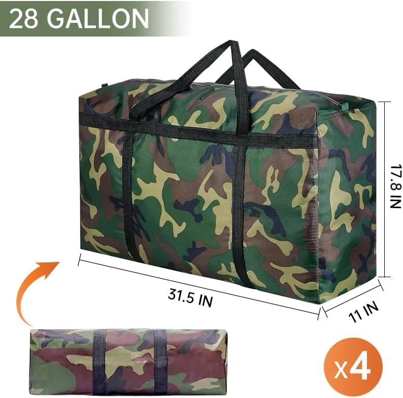4 Pack 105L Heavy Duty 600D Oxford Moving Bags Extra Large Packing Bags Storage Bags with Strong Handles & Zippers College Moving Bags for Moving, Storage, Travel & Camping(28Gallon Camouflage)