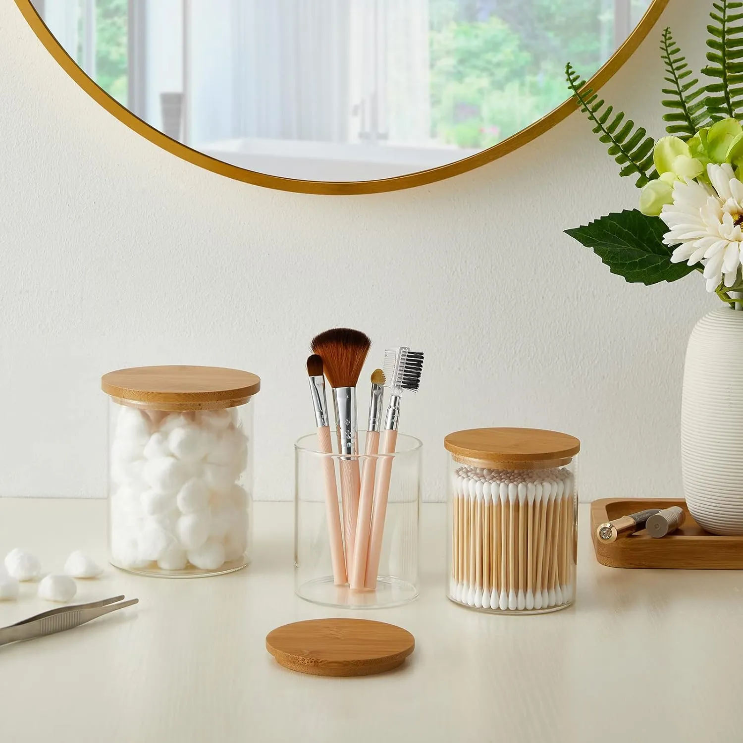 4 Pack Glass Qtip Holder Dispenser Glass Apothecary Jars with Lids Cotton Ball Swab Pad Holder Bathroom Essential Canisters Accessories Jars for Bathroom Organization Vanity Organizers