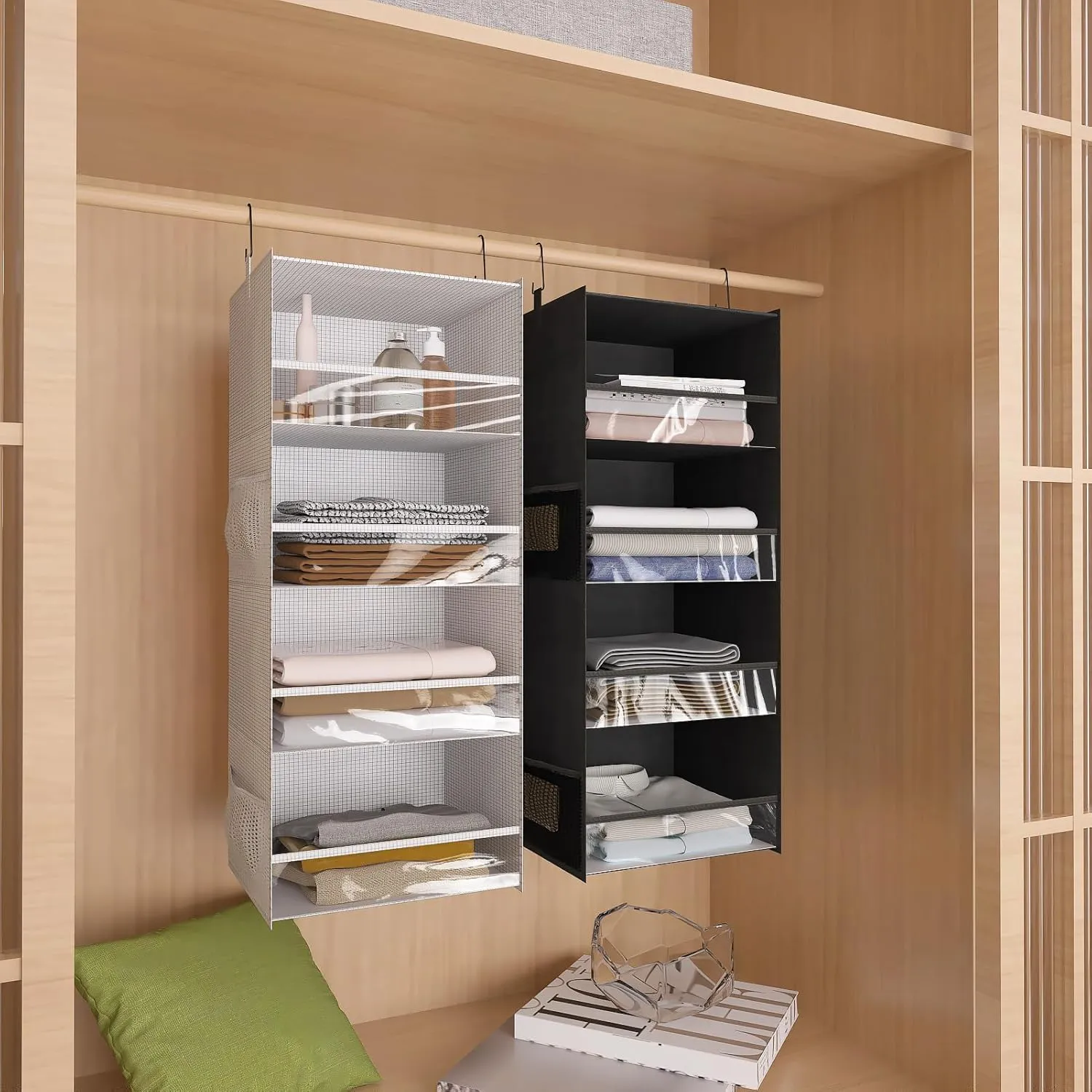 4 Shelf Hanging Closet Organizer Front Lip Design, Wider and Foldable Hanging Closet Wardrobe Storage Shelves with 4 Side Pockes, Clothes Handbag Shoes Accessories Storage, Black