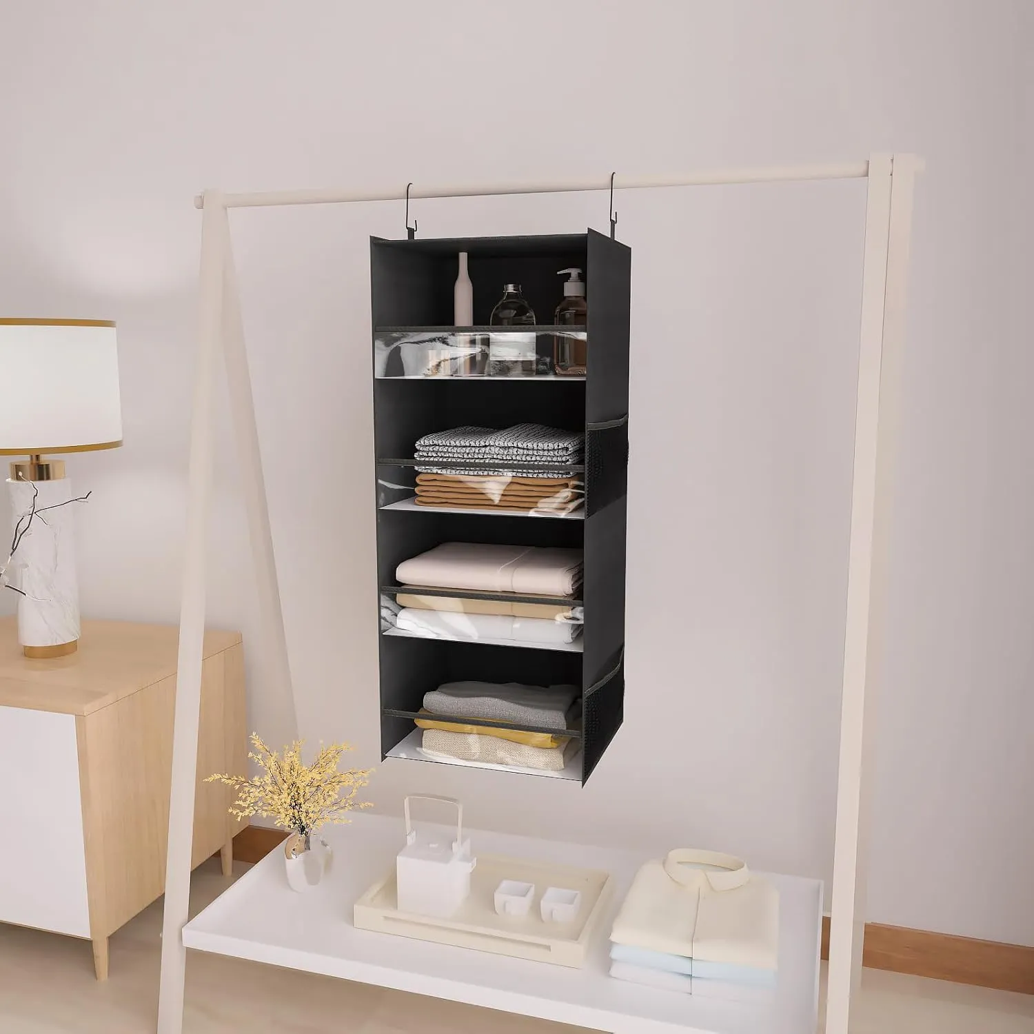 4 Shelf Hanging Closet Organizer Front Lip Design, Wider and Foldable Hanging Closet Wardrobe Storage Shelves with 4 Side Pockes, Clothes Handbag Shoes Accessories Storage, Black
