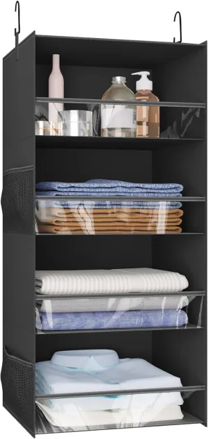 4 Shelf Hanging Closet Organizer Front Lip Design, Wider and Foldable Hanging Closet Wardrobe Storage Shelves with 4 Side Pockes, Clothes Handbag Shoes Accessories Storage, Black