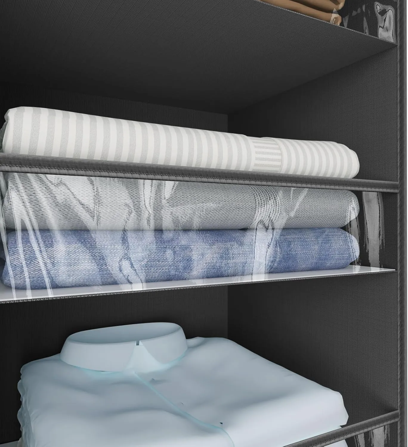4 Shelf Hanging Closet Organizer Front Lip Design, Wider and Foldable Hanging Closet Wardrobe Storage Shelves with 4 Side Pockes, Clothes Handbag Shoes Accessories Storage, Black