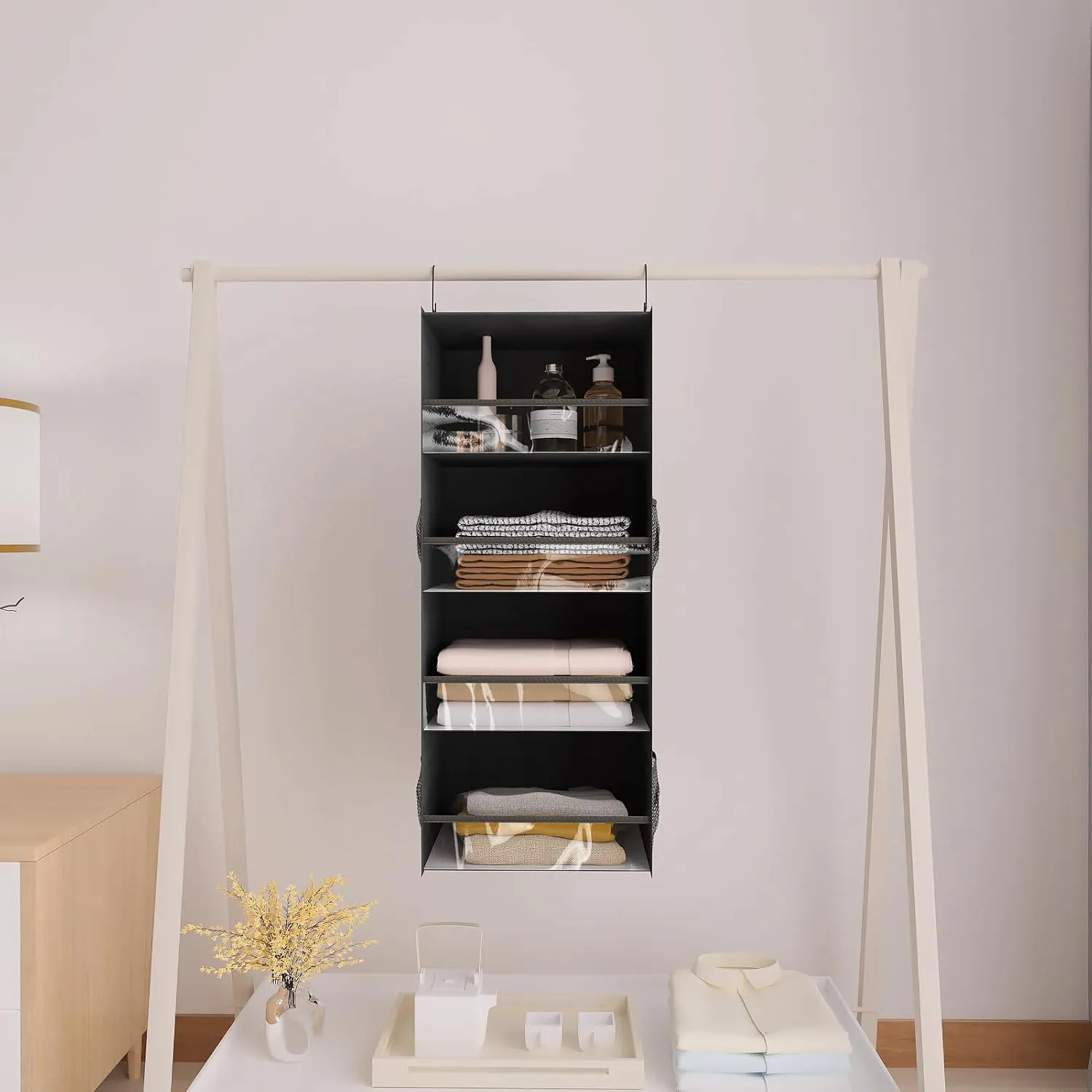 4 Shelf Hanging Closet Organizer Front Lip Design, Wider and Foldable Hanging Closet Wardrobe Storage Shelves with 4 Side Pockes, Clothes Handbag Shoes Accessories Storage, Black