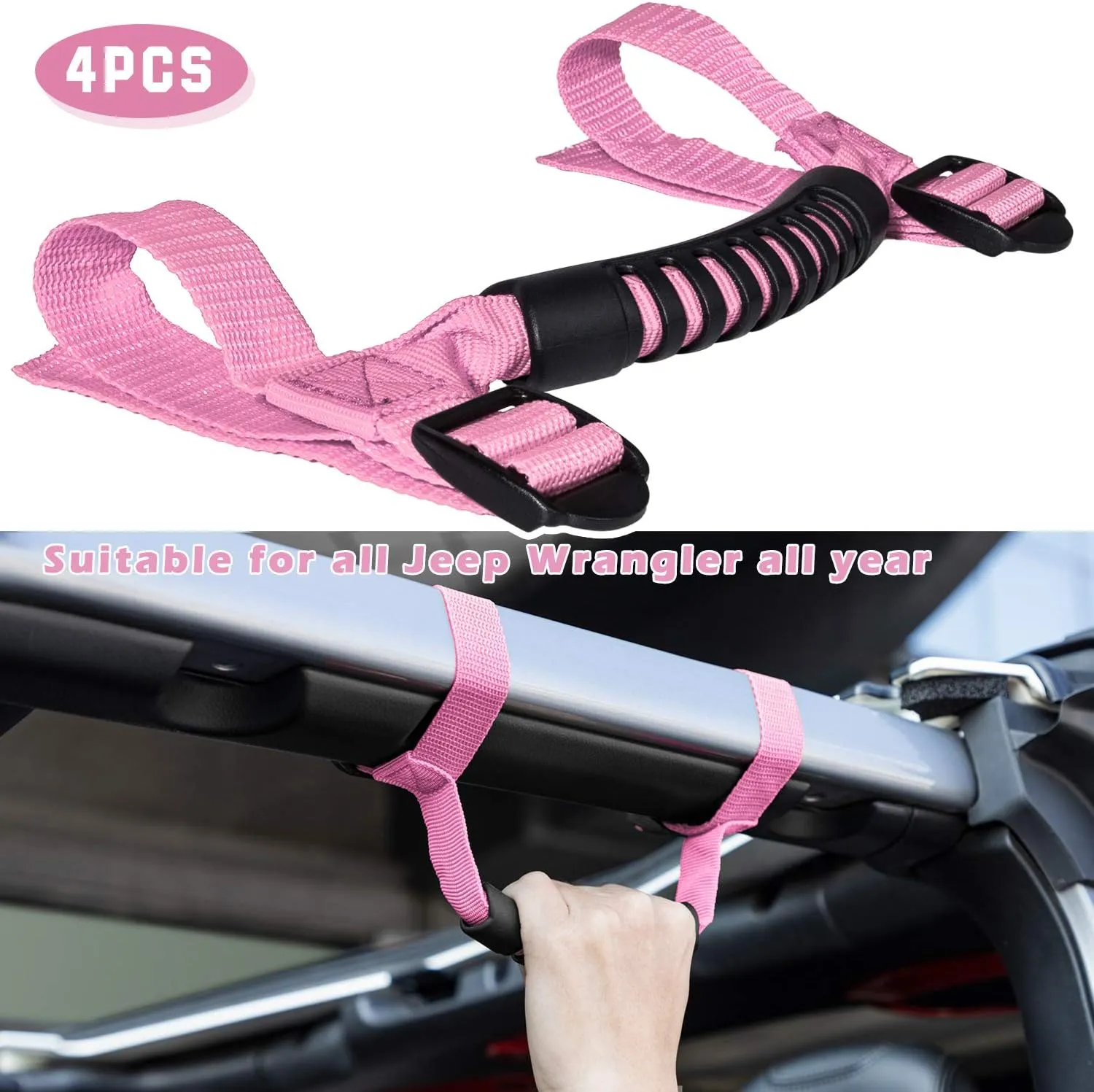 4 x Roll Bar Grab Handles Grip Handle for Jeep Wrangler YJ TJ JK JKU JL JLU Sports Sahara Freedom Rubicon X & Unlimited 1955-2024 2025(Pink)