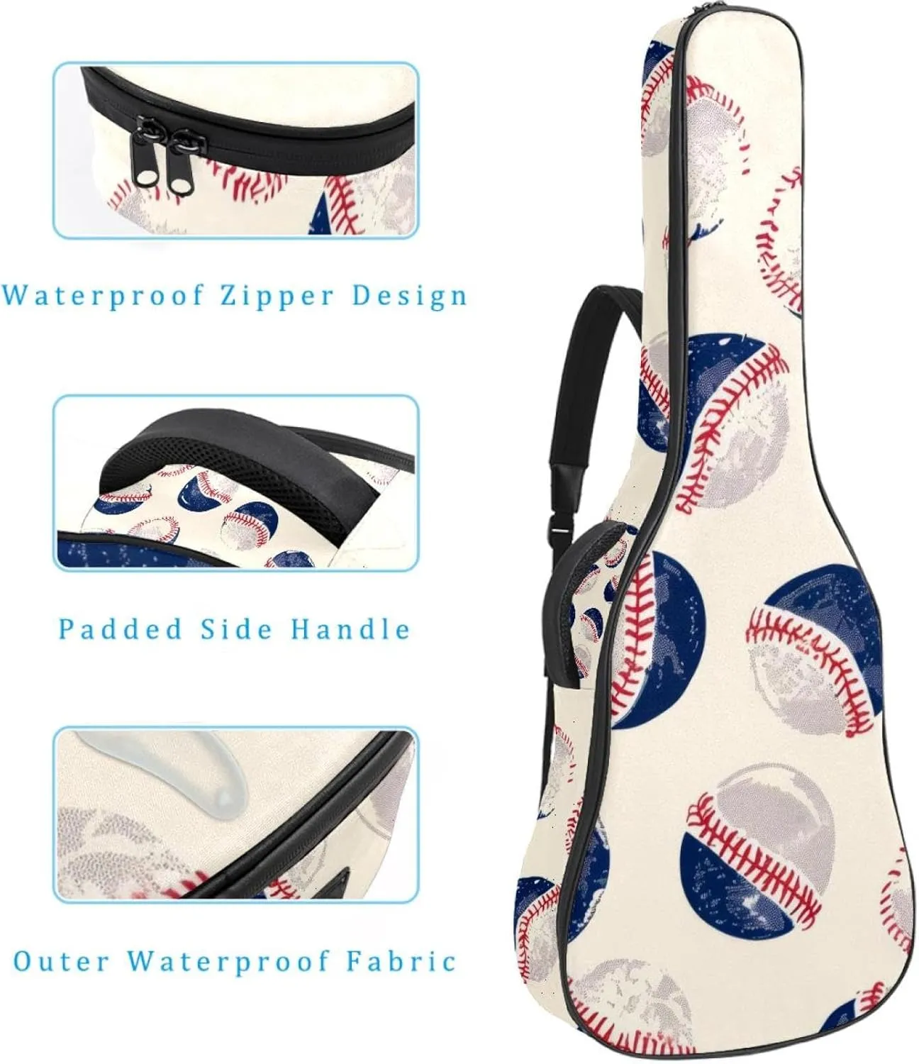 40 41 42 Inch Guitar Gig Bag, 0.4 In Thick Sponge Soft Padded Guitar Case Cover for Acoustic Electric Bass Classical Guitar, Baseball Pattern